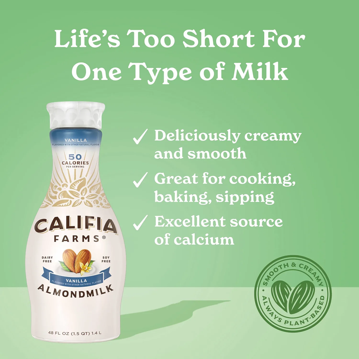 Califia Farms - Vanilla Almond Milk, 48 Oz, Dairy Free, Vegan, Plant Based, Vegan, Gluten Free, Non GMO, High Calcium, Smoothie