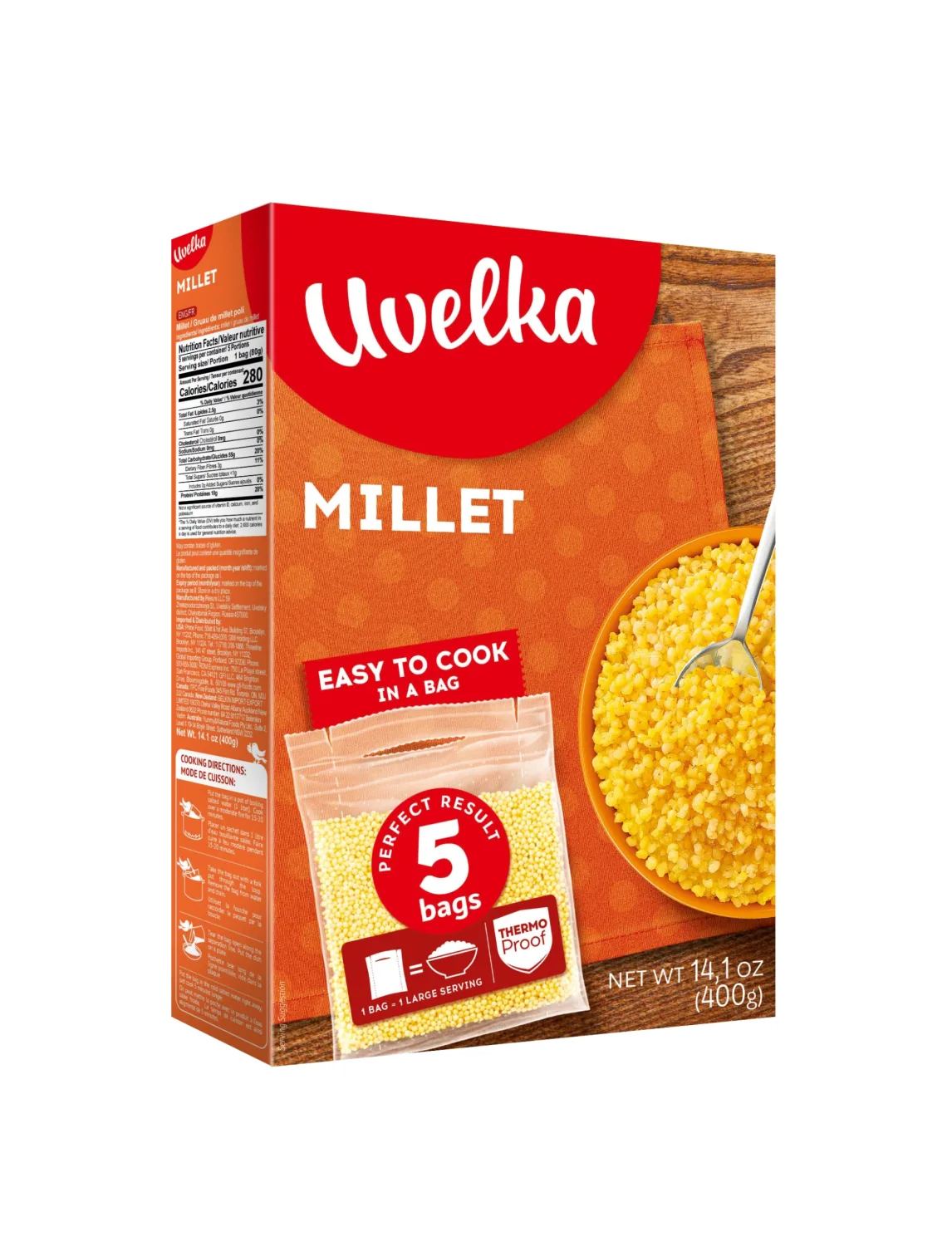 Uvelka Millet Boil-in-Bag Psheno - 5x80g (14.1 oz), From Russia, Kosher, Pack of 1