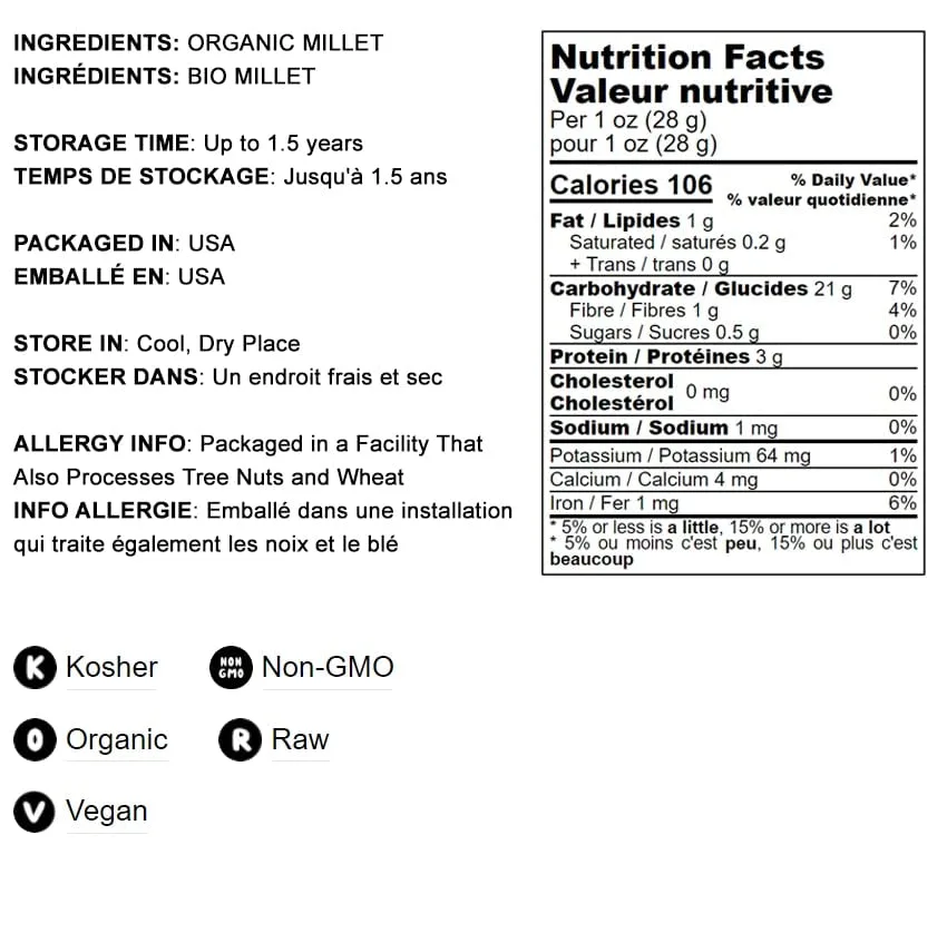 Food to Live Organic Millet Flour, 1 Pound Non-GMO, Kosher, Vegan, Stone Ground, Unbleached, Unbromated, Bulk, Product of the USA