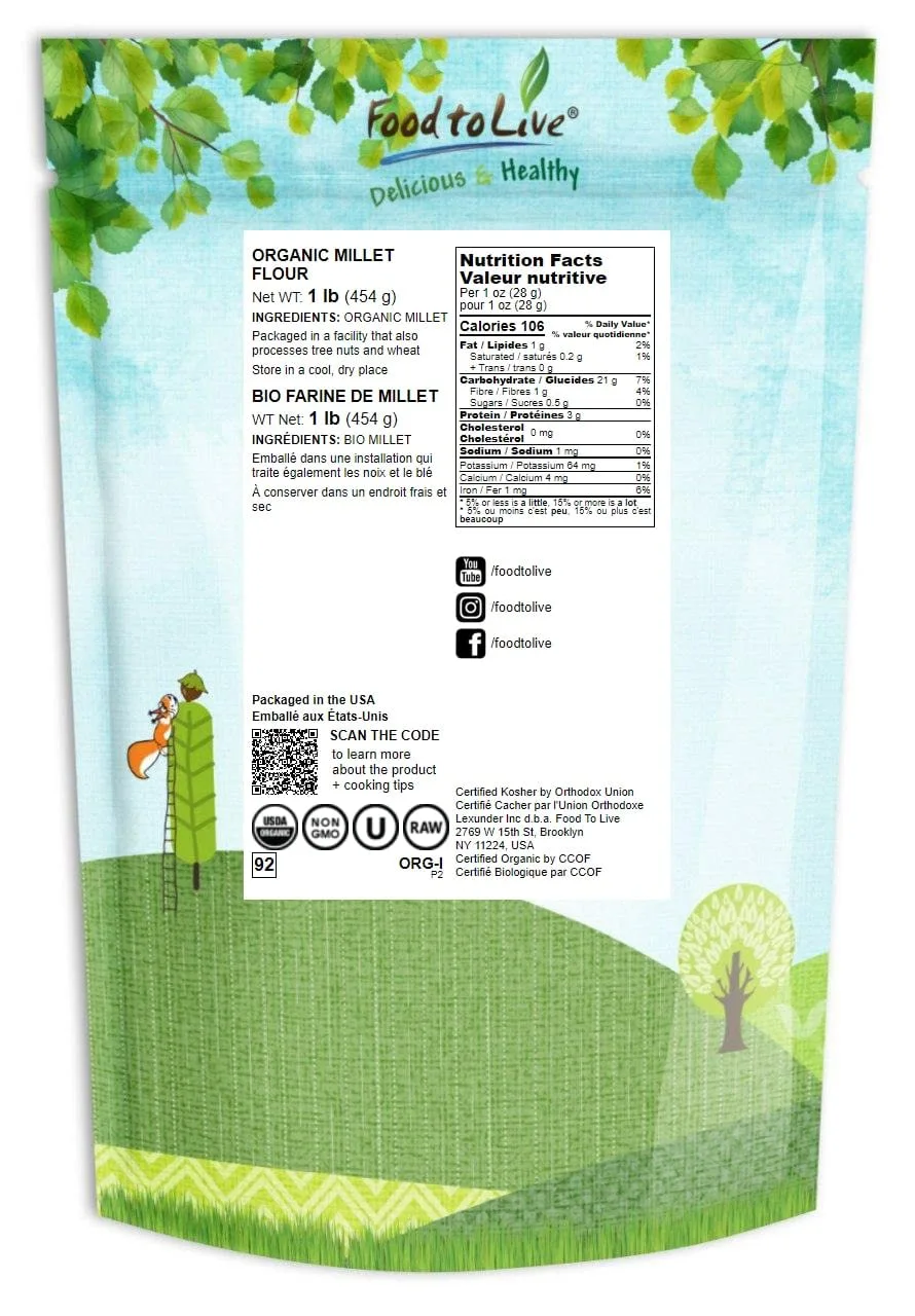 Food to Live Organic Millet Flour, 1 Pound Non-GMO, Kosher, Vegan, Stone Ground, Unbleached, Unbromated, Bulk, Product of the USA