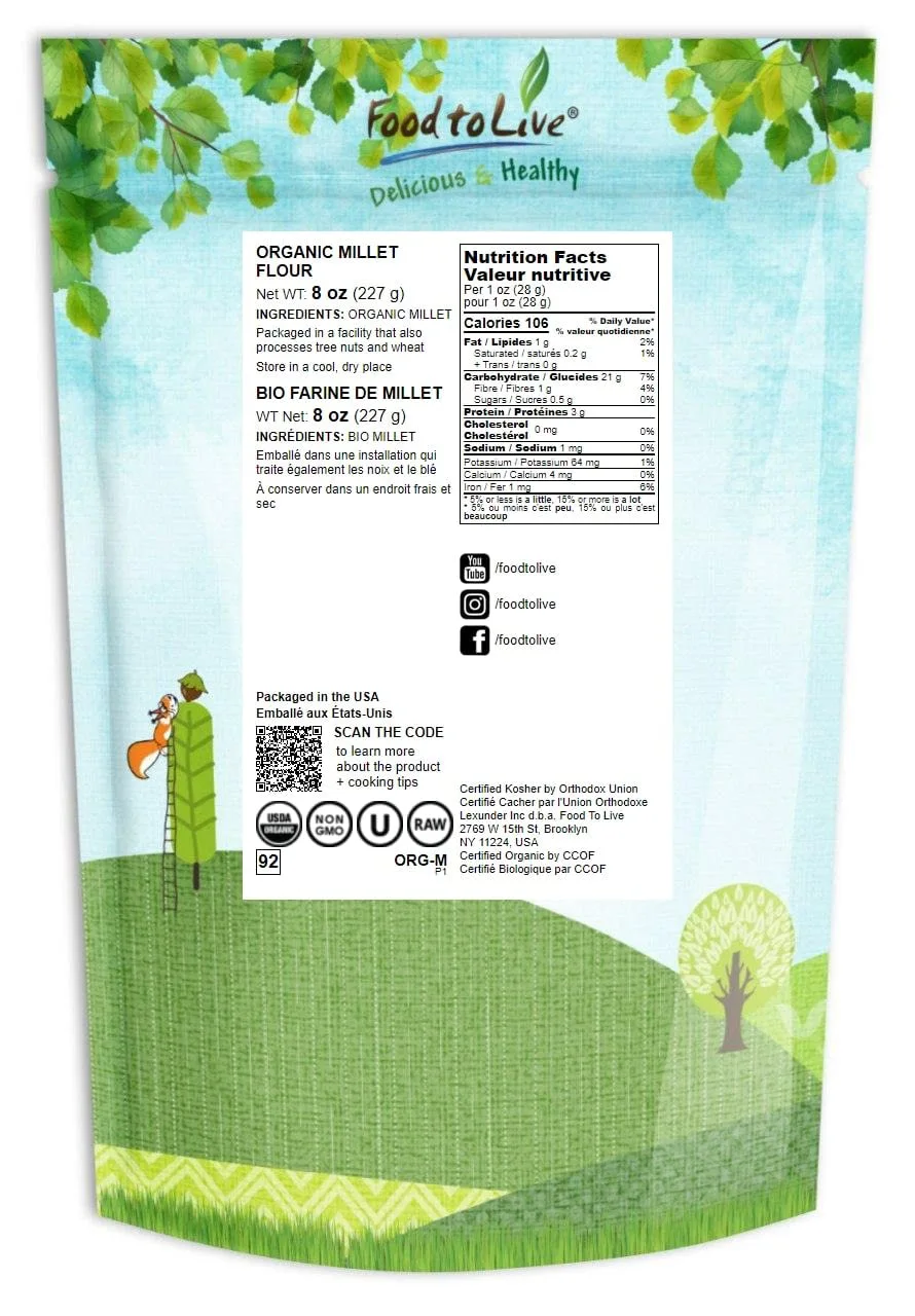 Food to Live Organic Millet Flour, 8 Ounces Non-GMO, Kosher, Vegan, Stone Ground, Unbleached, Unbromated, Bulk, Product of the USA