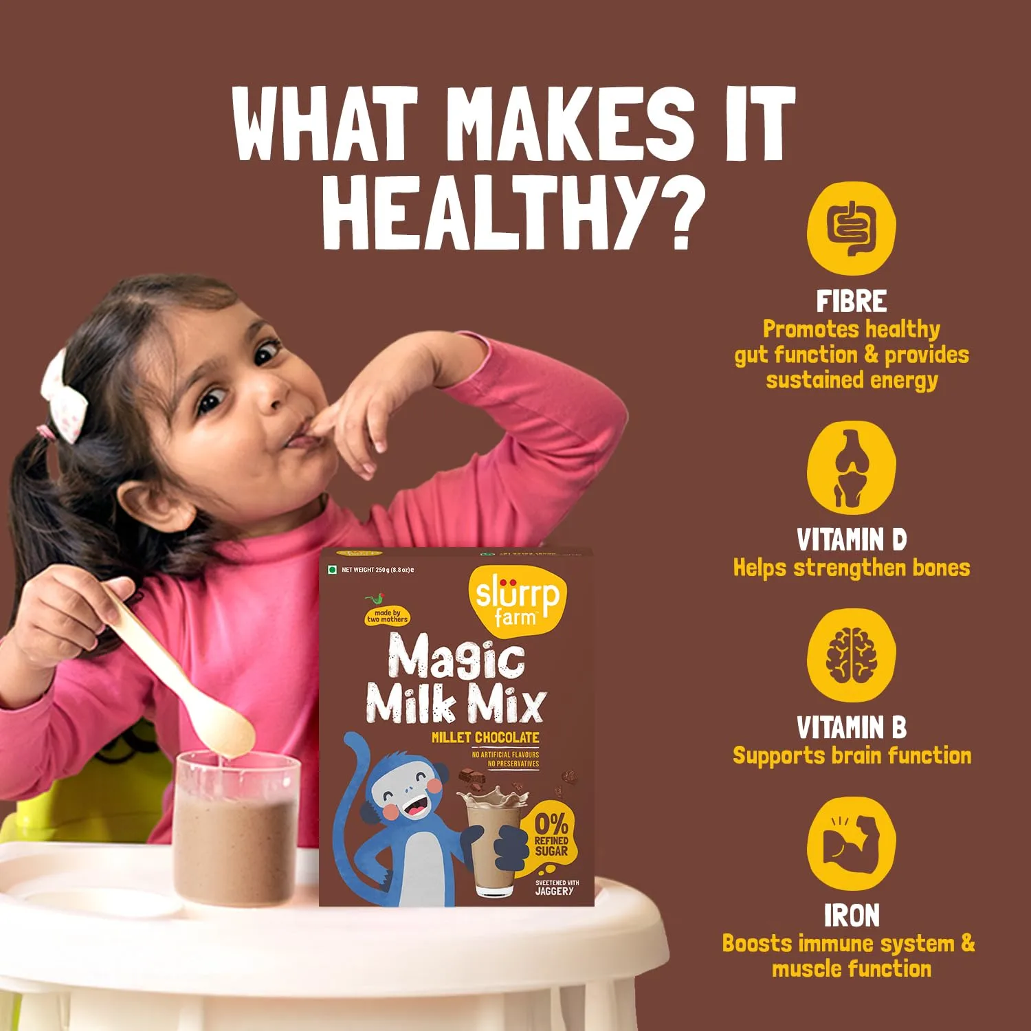 Slurrp Farm Magic Milk Mix | Millet Chocolate Nutrition Powder | No Sugar, Sweetened with Jaggery | With Jowar, Oats & 10 Essential Nutrients | 250g
