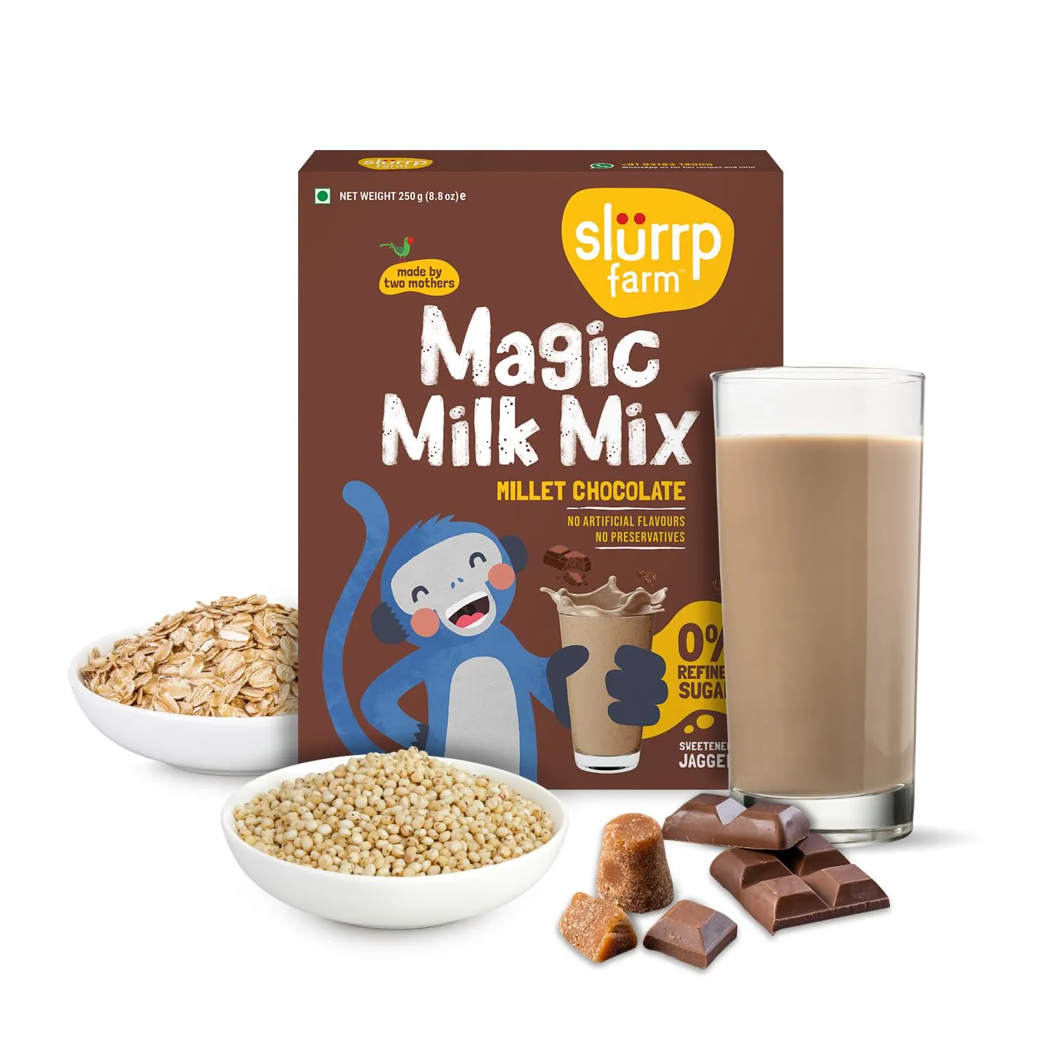 Slurrp Farm Magic Milk Mix | Millet Chocolate Nutrition Powder | No Sugar, Sweetened with Jaggery | With Jowar, Oats & 10 Essential Nutrients | 250g