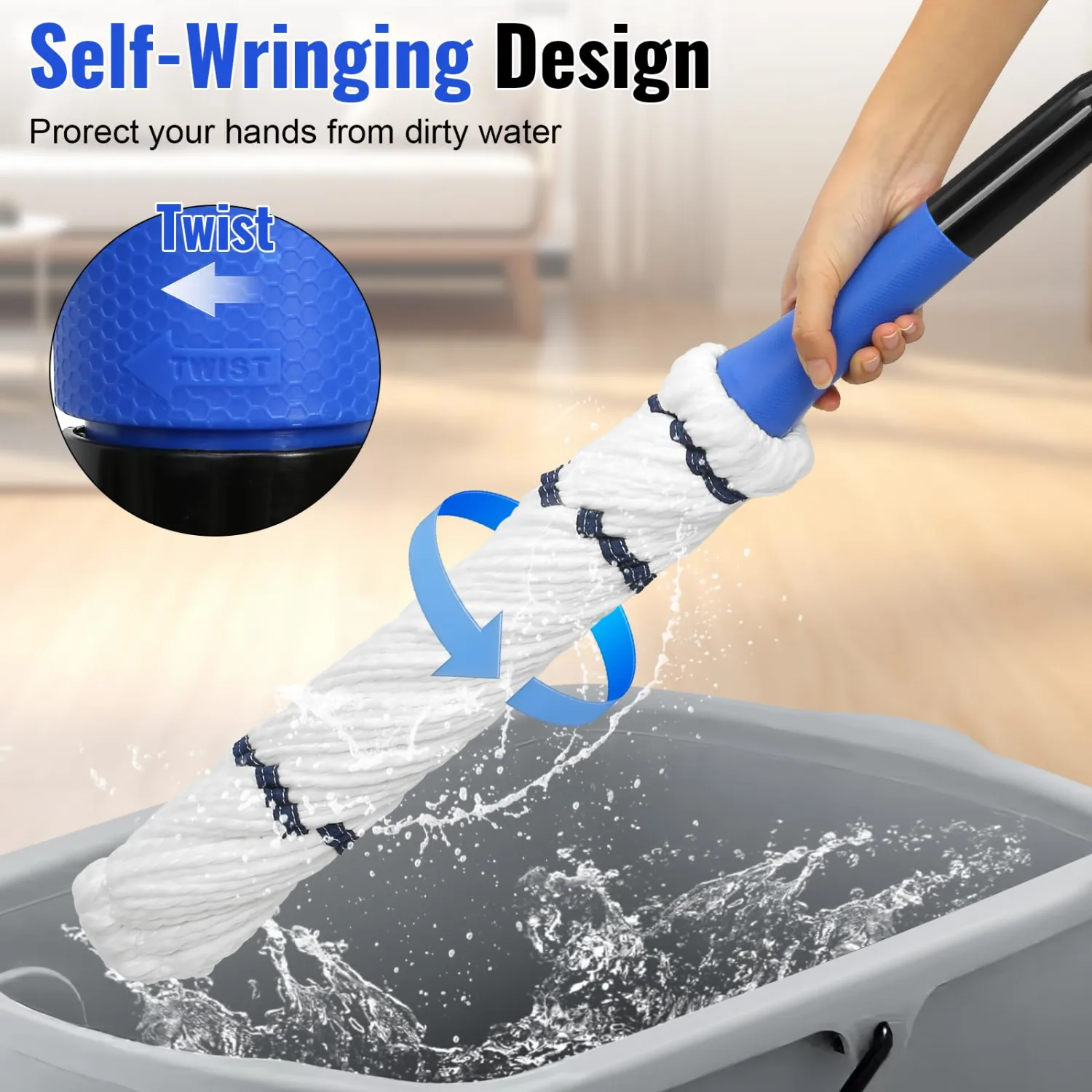 Self Wringing Mop Microfiber Twist Mop for Floor Cleaning, String Wet Floor Mops with Wringer Long Handled for Hardwood Vinyl, Tile, Commercial Household Clean,Safe on All Floors Types
