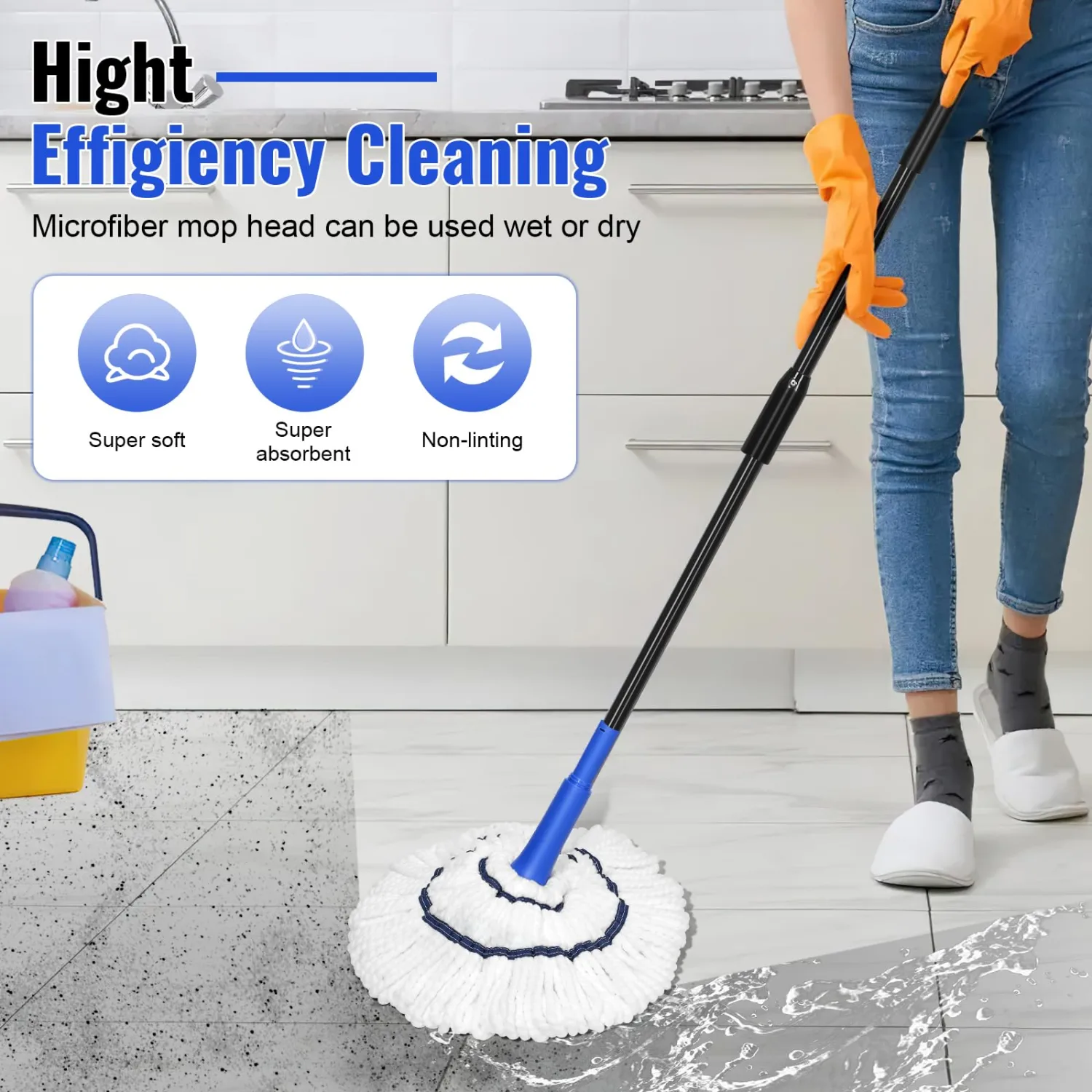 Self Wringing Mop Microfiber Twist Mop for Floor Cleaning, String Wet Floor Mops with Wringer Long Handled for Hardwood Vinyl, Tile, Commercial Household Clean,Safe on All Floors Types