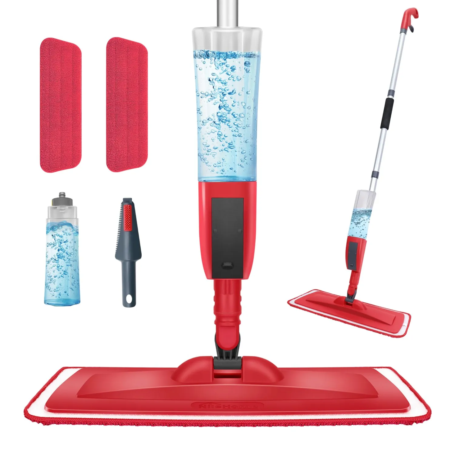 NileHome Mops for Floor Cleaning, Dust Mop with 2 Pcs Washable Pads and 400ml Refillable Bottle Floor Mop for Household or Commercial Use for Hardwood Laminate Tile Ceramic (Red)
