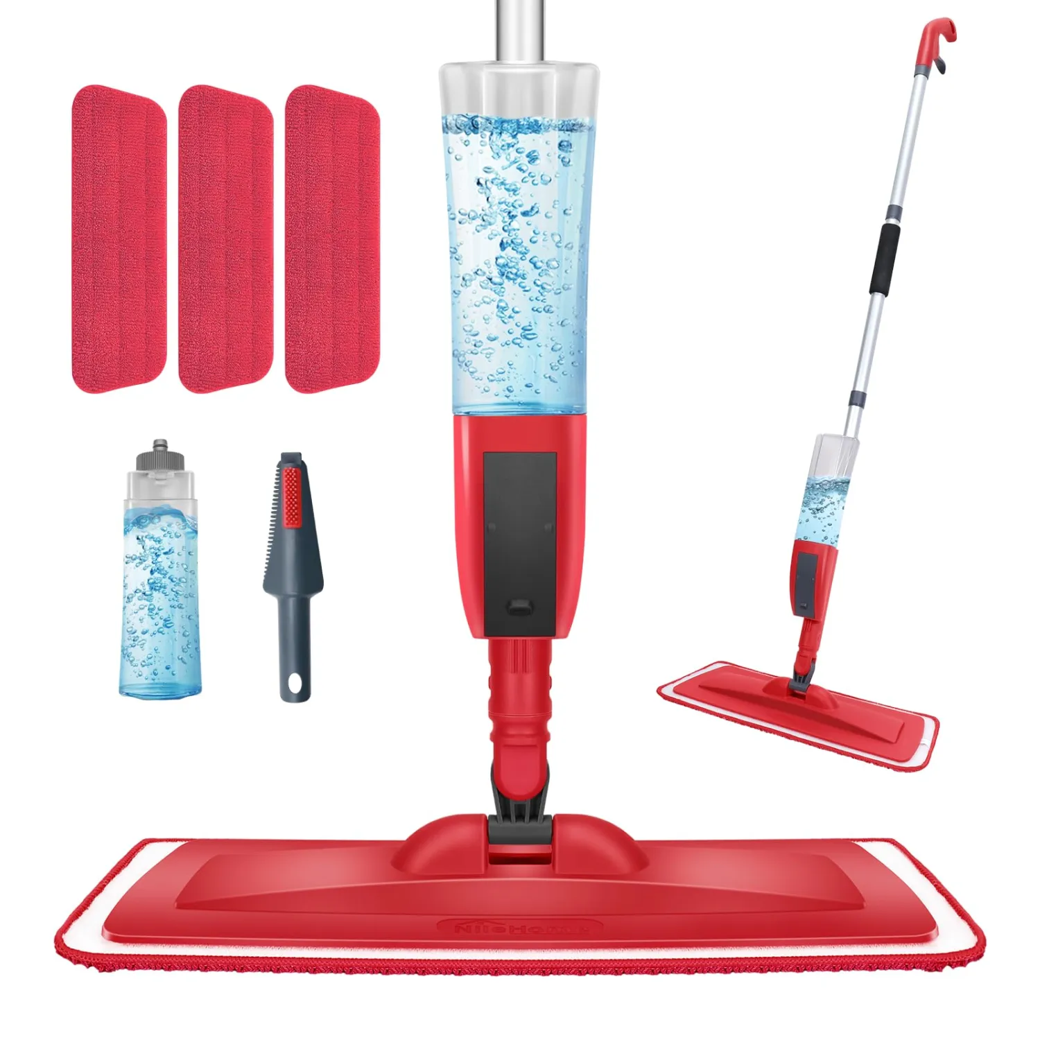 NileHome Mops for Floor Cleaning, Dust Mop with 3 Pcs Washable Pads and 400 ml Refillable Bottle Floor Mop for Household or Commercial Use Wet Mop for Hardwood Laminate Tile Ceramic (Red)