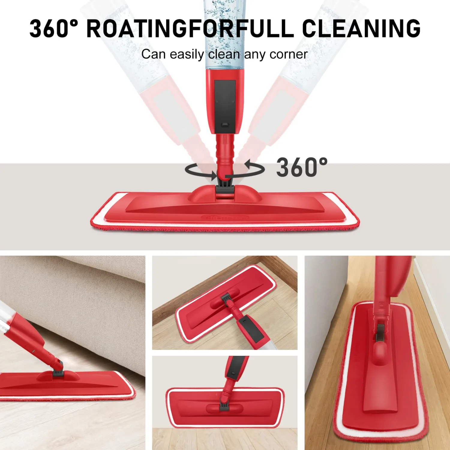 NileHome Mops for Floor Cleaning, Dust Mop with 3 Pcs Washable Pads and 400 ml Refillable Bottle Floor Mop for Household or Commercial Use Wet Mop for Hardwood Laminate Tile Ceramic (Red)