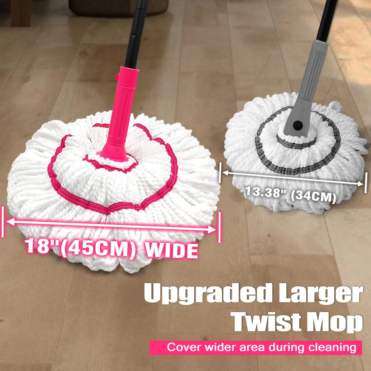 NEWE Self Wringing Twist Mop for Floor Cleaning, Upgraded 18-inch Wide Microfiber Mops, 55 inches Long Handle Wet Dry Kitchen Easy Squeeze String Mop for Wood, Hardwood, Tile, Marble (Rose Red)