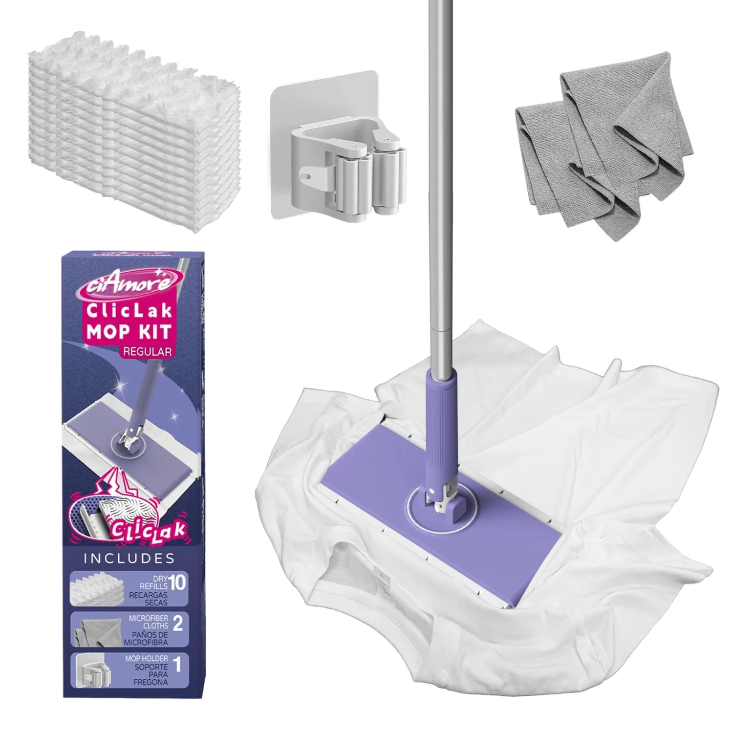 ClicLak Sweeper Mop, Instantly Attach & Remove Cloth Touch-Free, Compatible with Swiffer Pads, Clamp Clip Dust Mop with 10 Dry Cloth for Kitchen House Wood Hardwood Vinyl Tile Floor Wall Cleaning