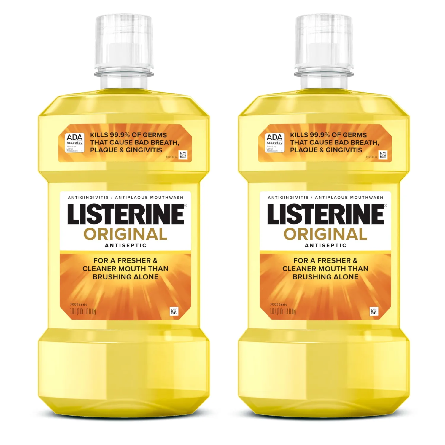 Listerine Original Antiseptic Oral Care Mouthwash to Kill 99% of Germs That Cause Bad Breath, Plaque and Gingivitis, ADA-Accepted Mouthwash, Original Flavored Oral Rinse, Twin Pack, 2 x 1 L