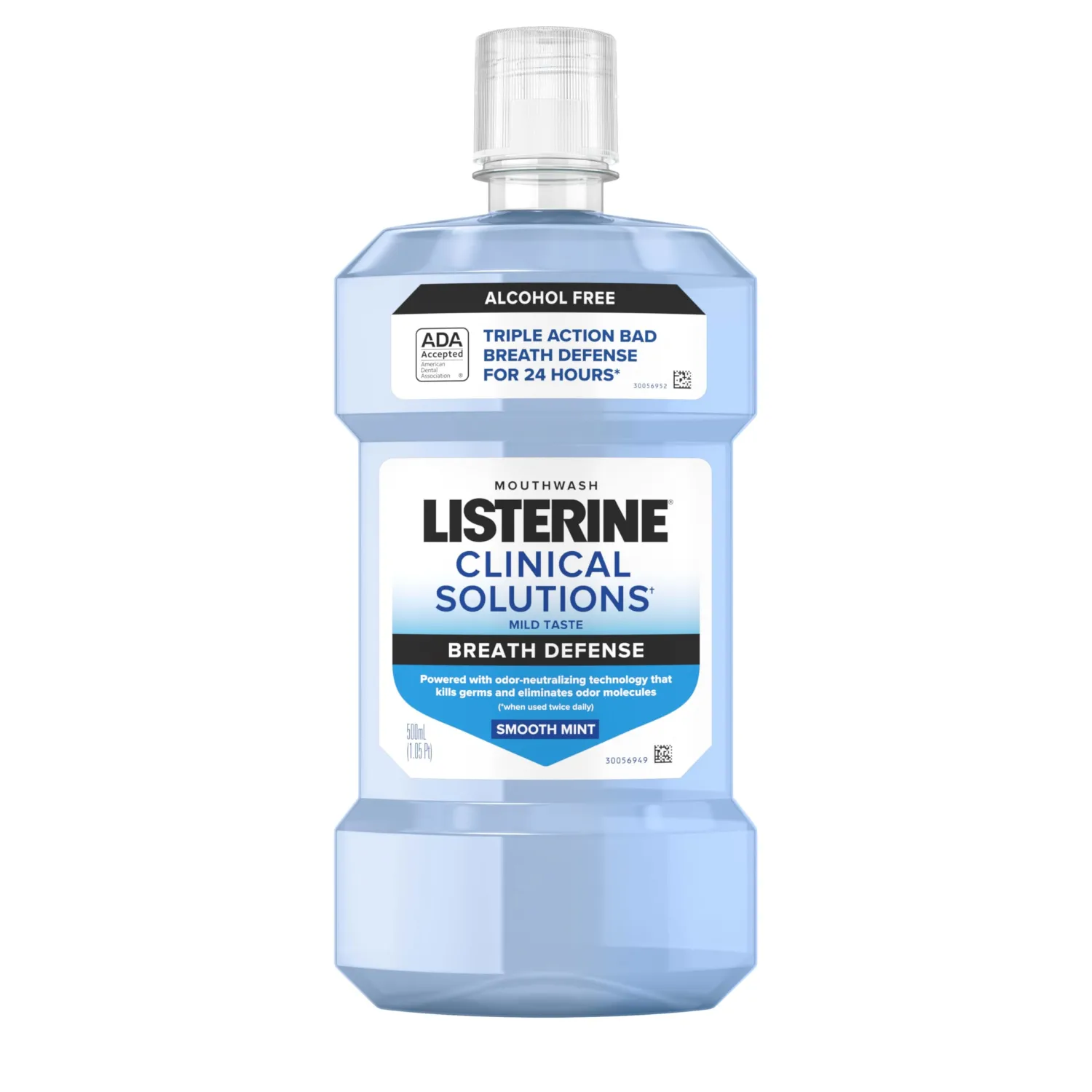 Listerine Clinical Solutions Breath Defense Alcohol Free Mouthwash, Oral Rinse with a Triple-Action Formula Fights Bad Breath for 24 Hours, Smooth Mint Flavor, 500 mL
