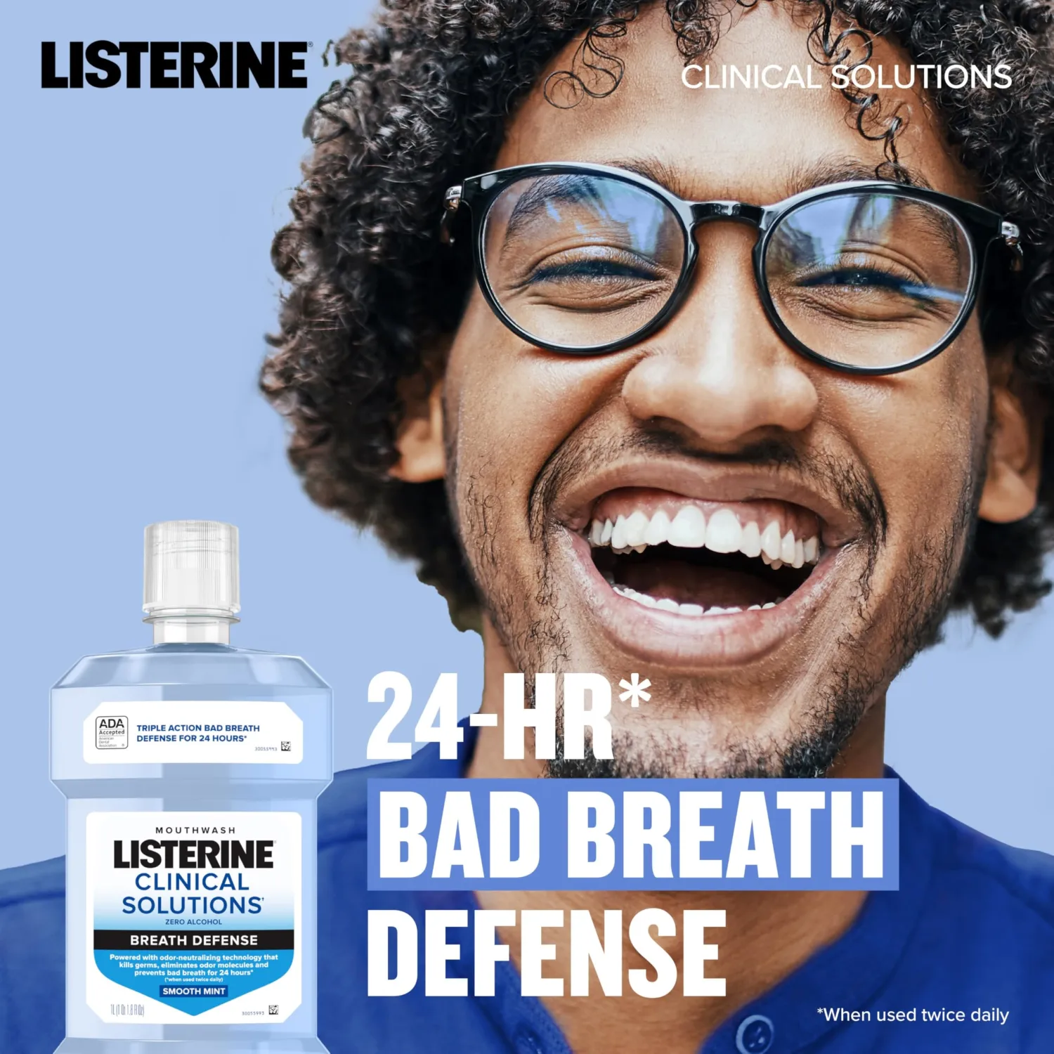 Listerine Clinical Solutions Breath Defense Alcohol Free Mouthwash, Oral Rinse with a Triple-Action Formula Fights Bad Breath for 24 Hours, Smooth Mint Flavor, 500 mL