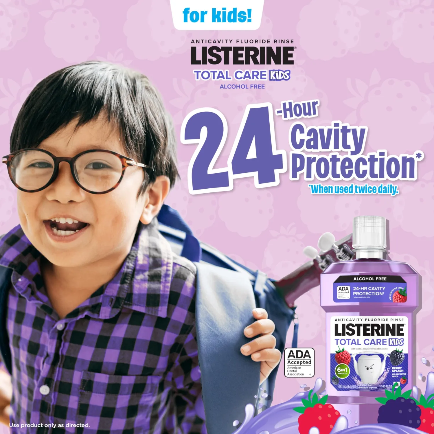 Listerine Smart Rinse Kids Alcohol-Free Anticavity Fluoride Mouthwash for Cavity Protection, Berry Splash Flavor, 500 mL