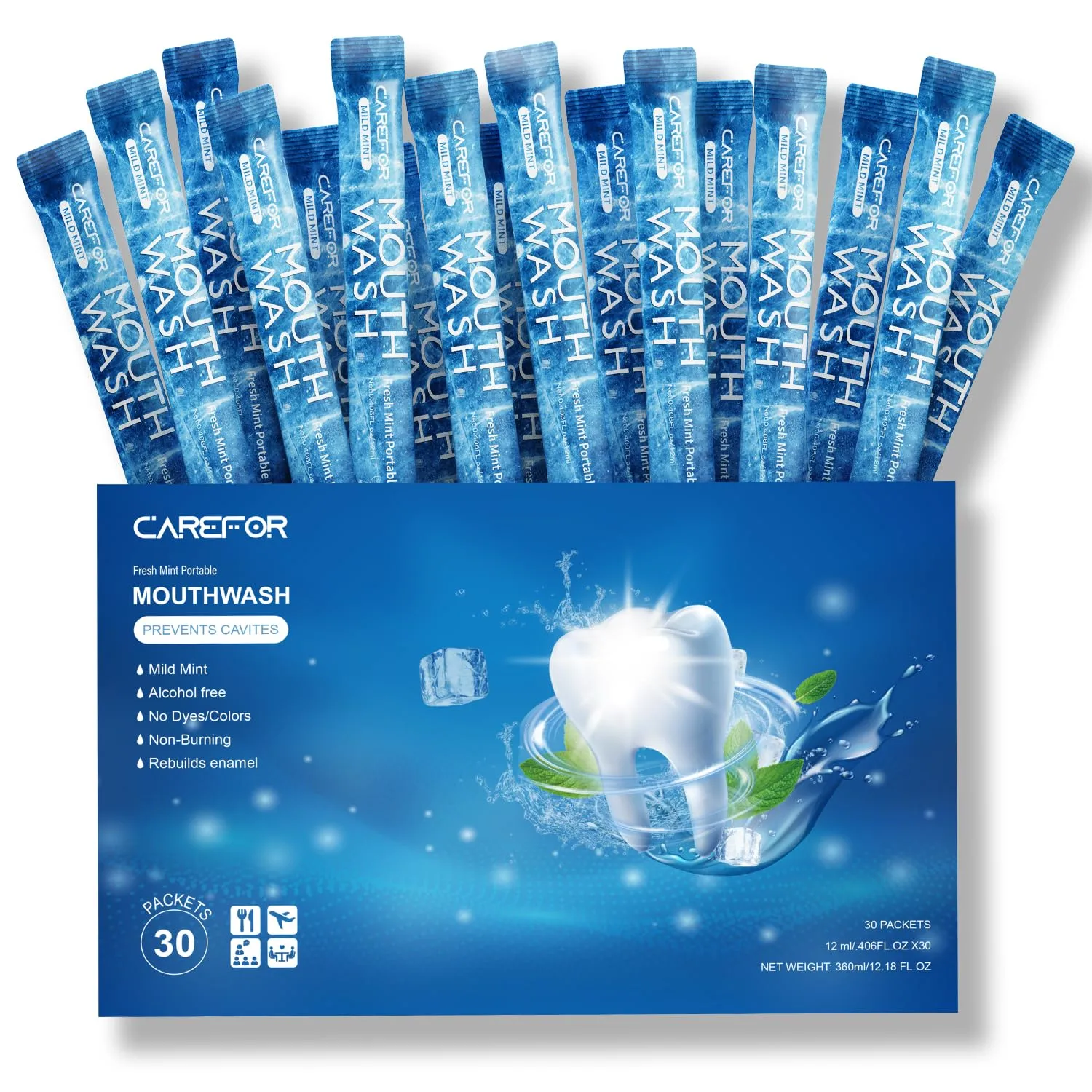Mouthwash Travel Size, Portable Fresh Breath Mouthwash, Alcohol-Free, ICY Mint Flavor, Mini Pack – Mouthwash to Go for On-The-Go Freshness, Bulk Packets 0.41 Fl Oz (Pack of 30)