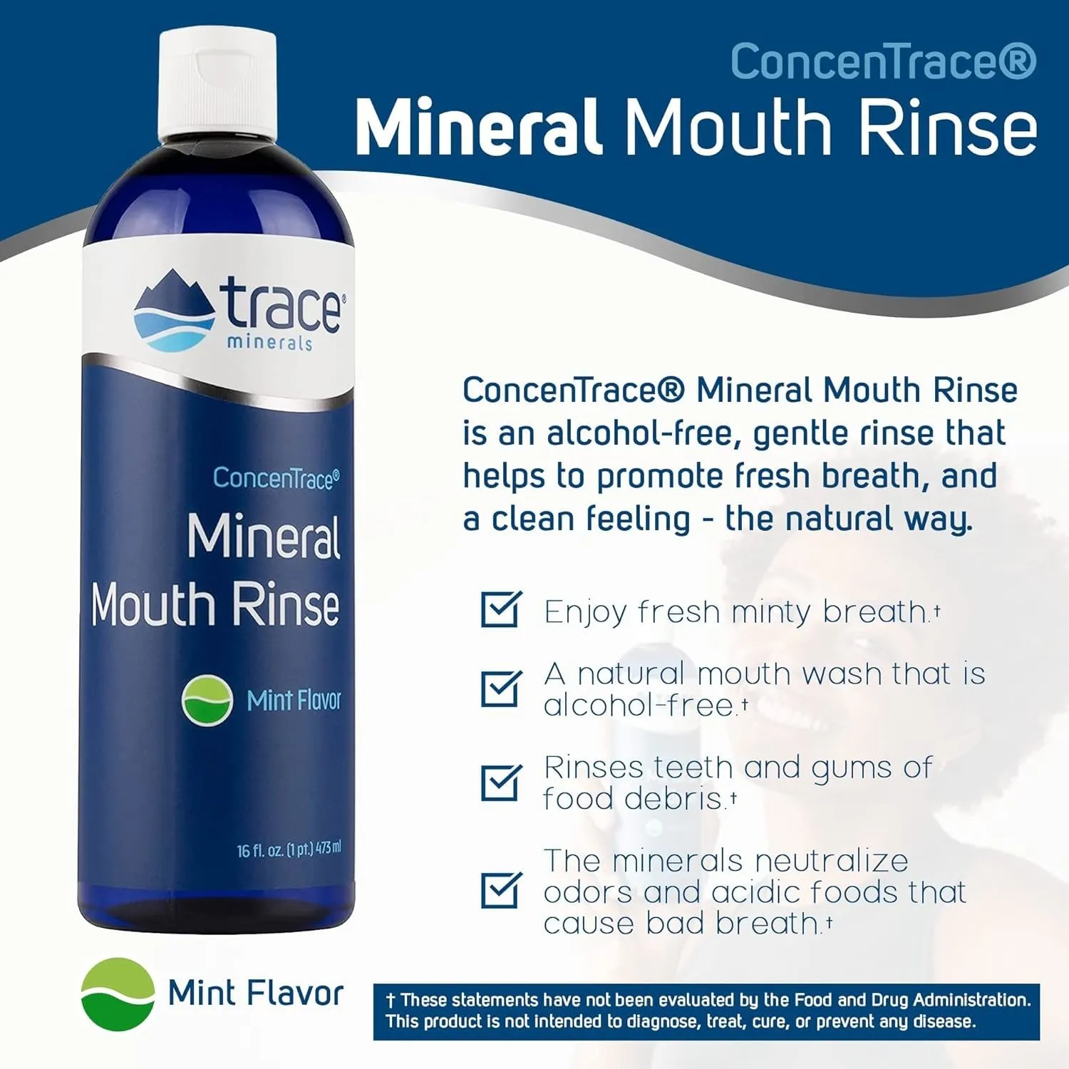 Trace Minerals | ConcenTrace® Mineral Mouth Rinse | Gentle Mouth Rinse, Fresh Breath | Alcohol Free, Certified Vegan, Gluten Free, Non-GMO | Mint | 10 oz