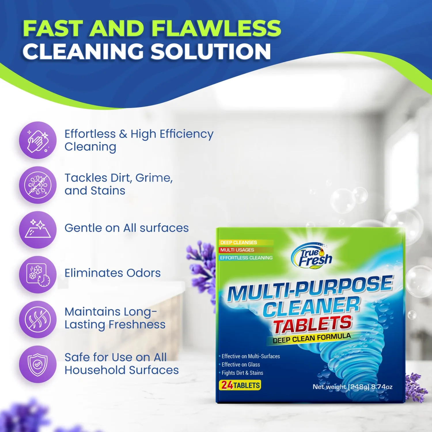True Fresh All-Purpose Cleaner Refill Tablets (24 Count) – Makes 384 fl oz,Effortless Cleaning Power For multisurface Cleaning - Removes Tough Grimes, stains and acts as Degreaser