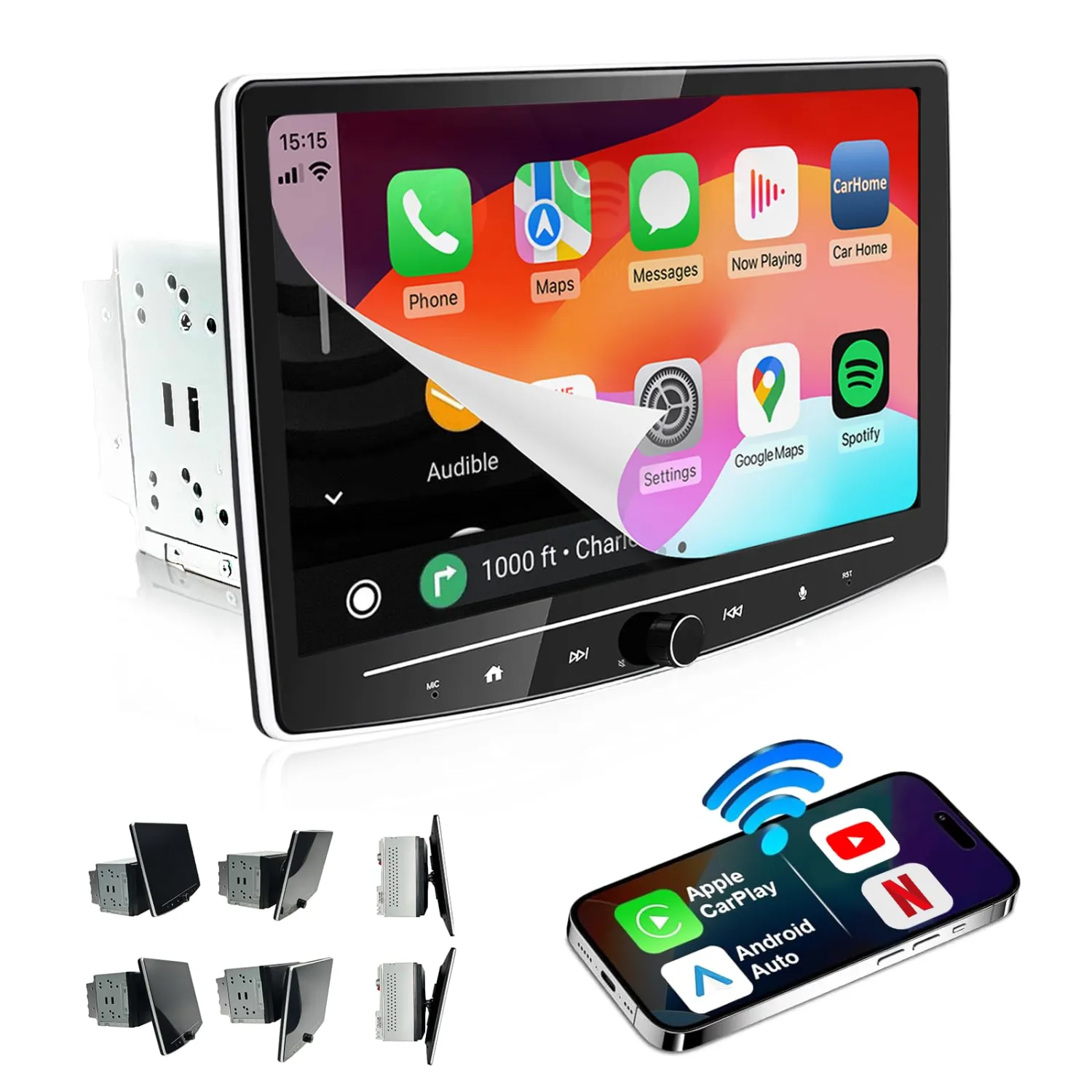 10 inch Double Din Car Stereo Wireless Apple CarPlay & Android Auto, QLED Floating Touchscreen Radio with YouTube, Netflix, TikTok, Bluetooth Navigation, 240W Powerful Sound, 32GB Storage