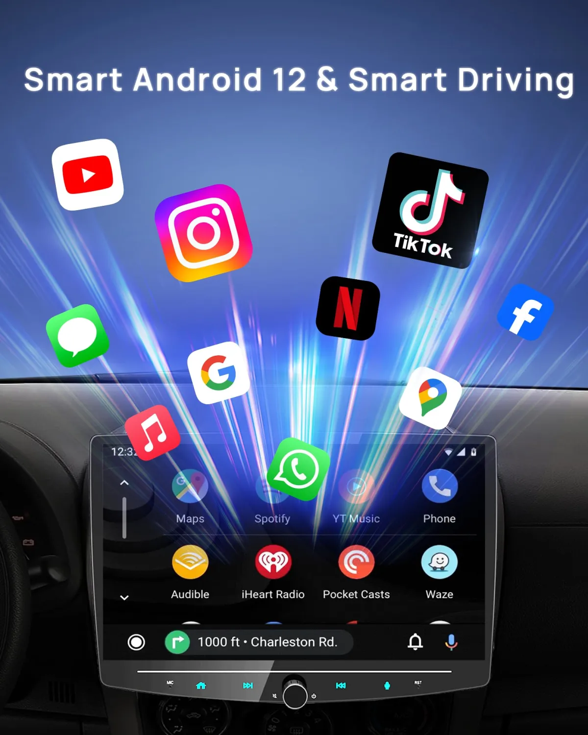 10 inch Double Din Car Stereo Wireless Apple CarPlay & Android Auto, QLED Floating Touchscreen Radio with YouTube, Netflix, TikTok, Bluetooth Navigation, 240W Powerful Sound, 32GB Storage