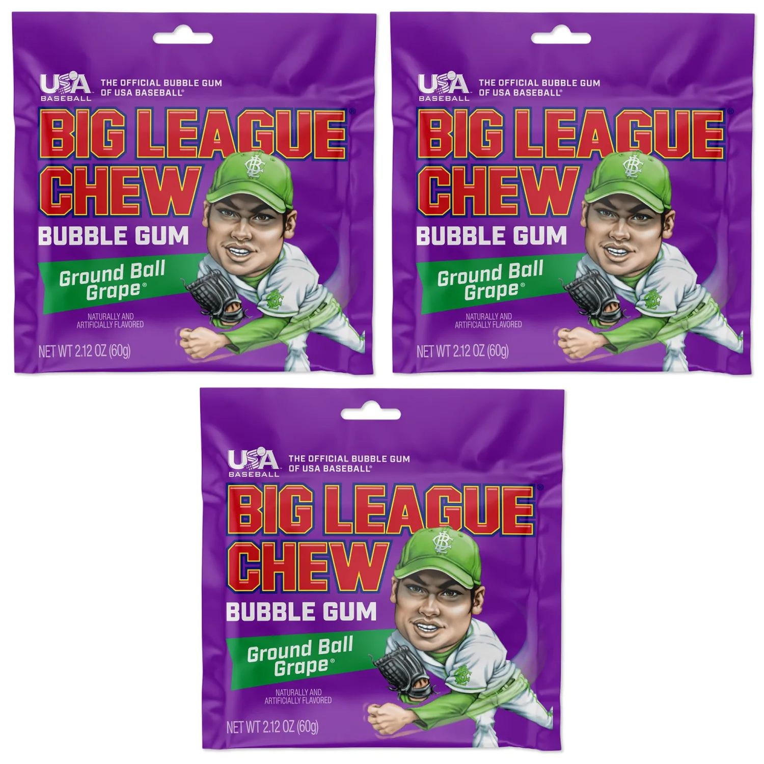 Big League Chew Grape Bubble Gum 3-Pack - 2.12oz Packets - Ground Ball Grape Baseball Gum - Big League Chew Baseball Candy Set for Treats, Party Favors & More - Softball Candy For Teams