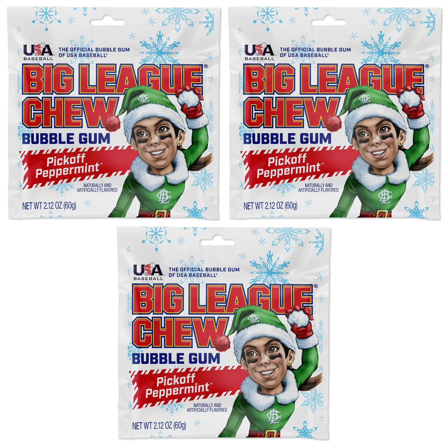 Big League Chew Peppermint Bubble Gum 3-Pack - 2.12oz Packets - Pickoff Peppermint Candy Baseball Gum - Big League Chew Baseball Sweets Set for Treats, Party Favors & More - Softball Candy