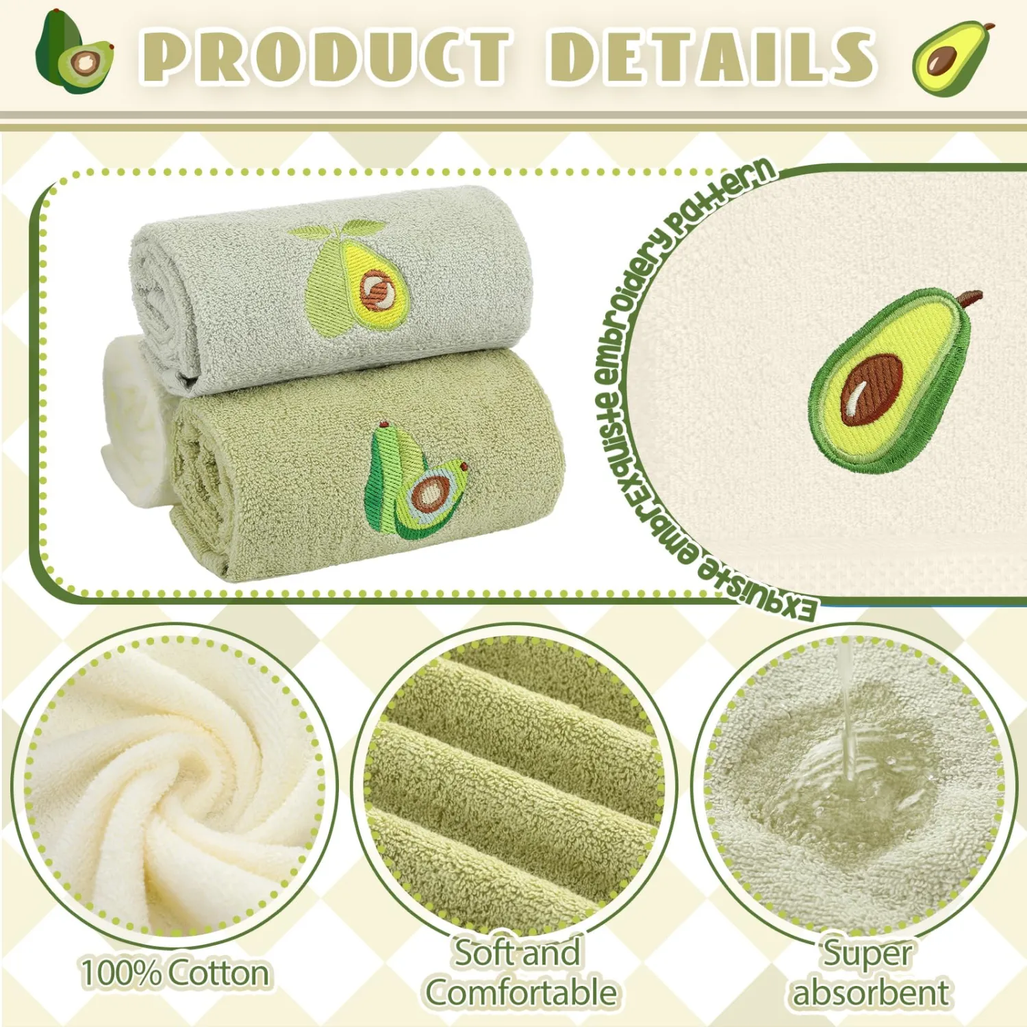 3 Pcs Avocado Hand Towels 14x29 Inch Spring Summer Tropical Fruit Cotton Embroidered Soft Absorbent Bathroom Decor Towels for Bathroom Kitchen