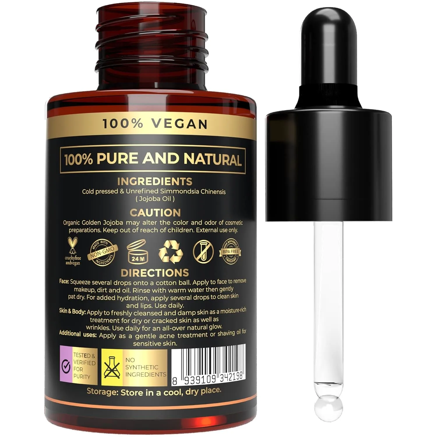 100% Pure Cold Pressed Unrefined Organic Jojoba Oil | Skin Care & Makeup Remover | Moisturizing Body Oil for Dry & Wrinkle Skin | USDA Certified Cleansing Oil, Clear