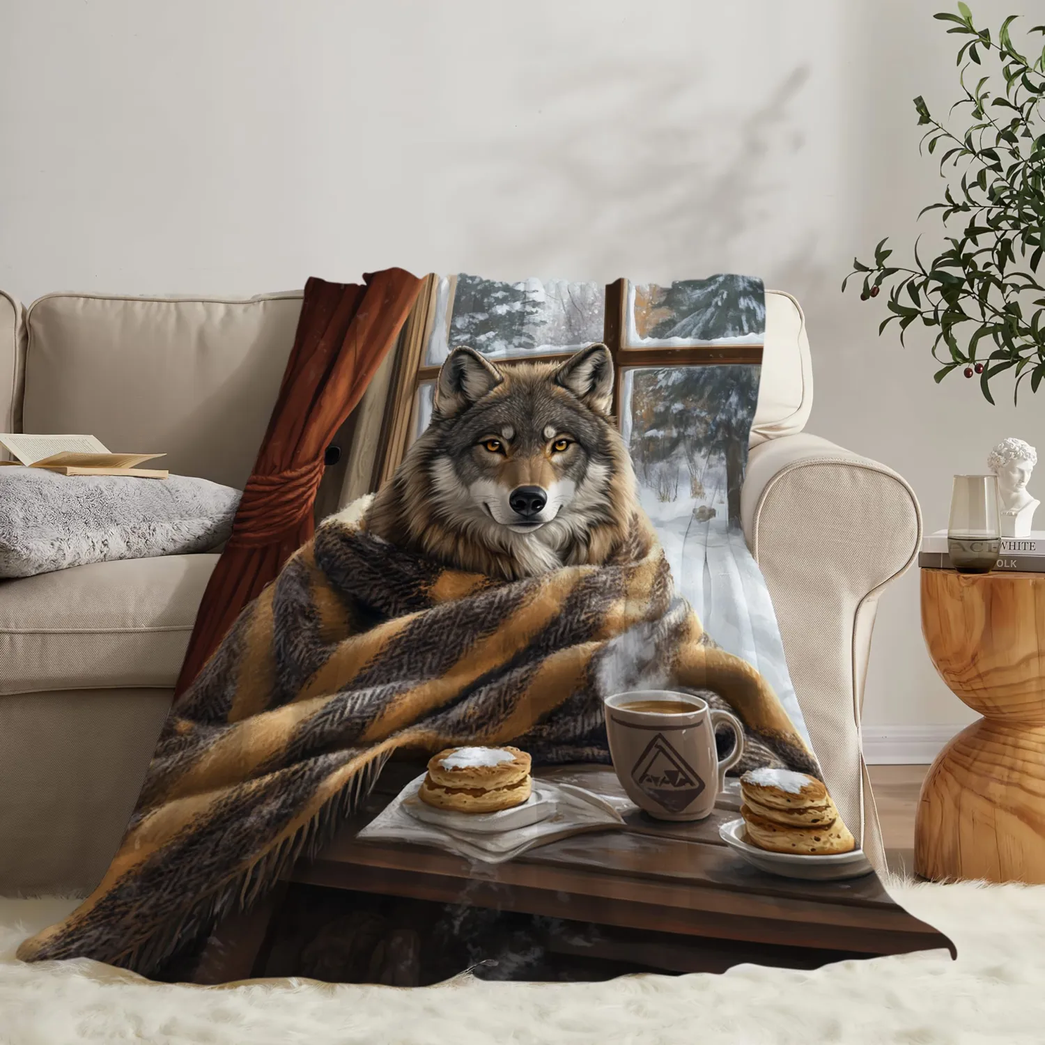 Wolf Blanket Funny Wolf Drinking Coffee Throw Blanket for Girls Boys Super Soft Warm Fleece Snow Scene Flannel for All Season Cozy Fuzzy Plush Bedding Blankets Gifts for Kids Adults 80"x60"