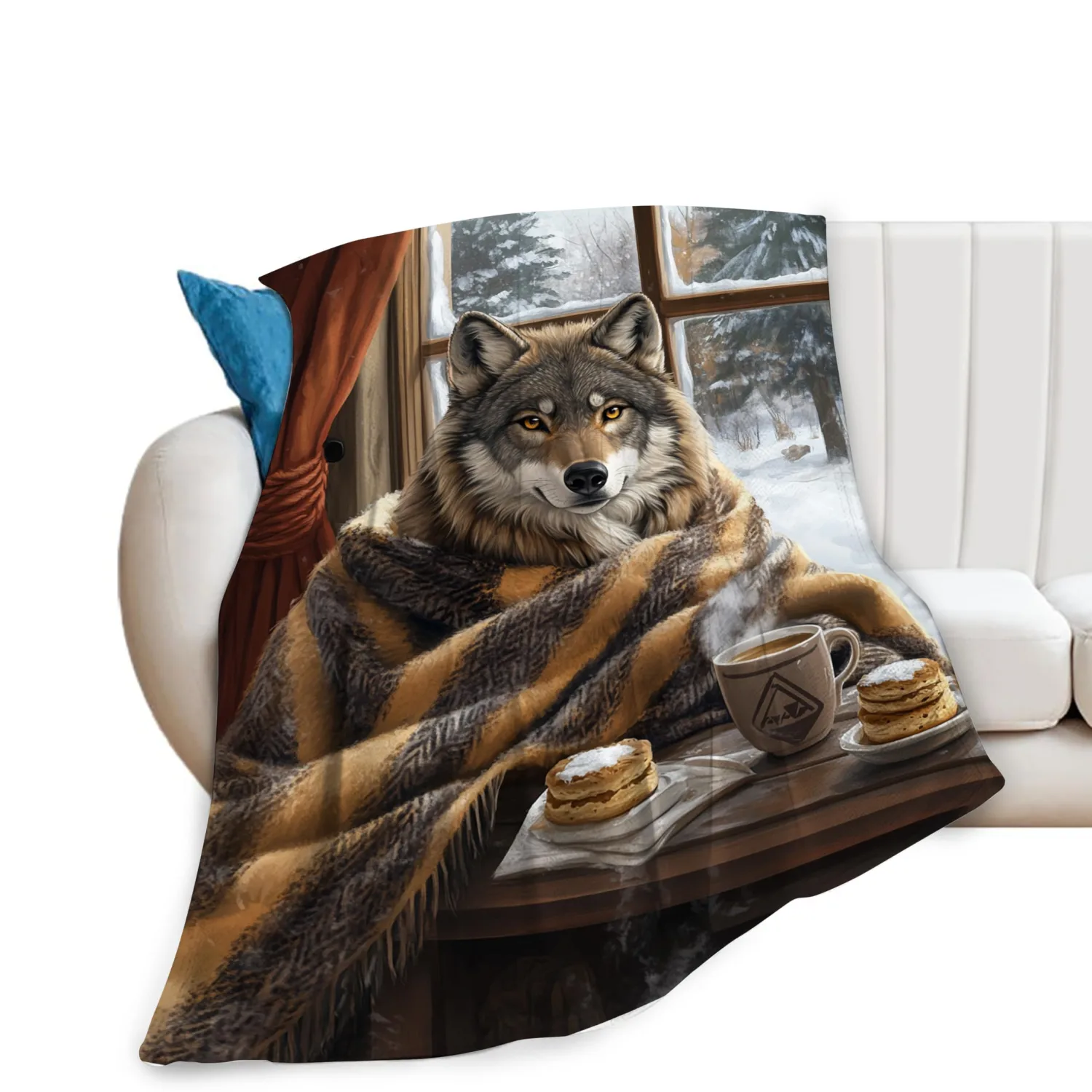 Wolf Blanket Funny Wolf Drinking Coffee Throw Blanket for Girls Boys Super Soft Warm Fleece Snow Scene Flannel for All Season Cozy Fuzzy Plush Bedding Blankets Gifts for Kids Adults 80"x60"