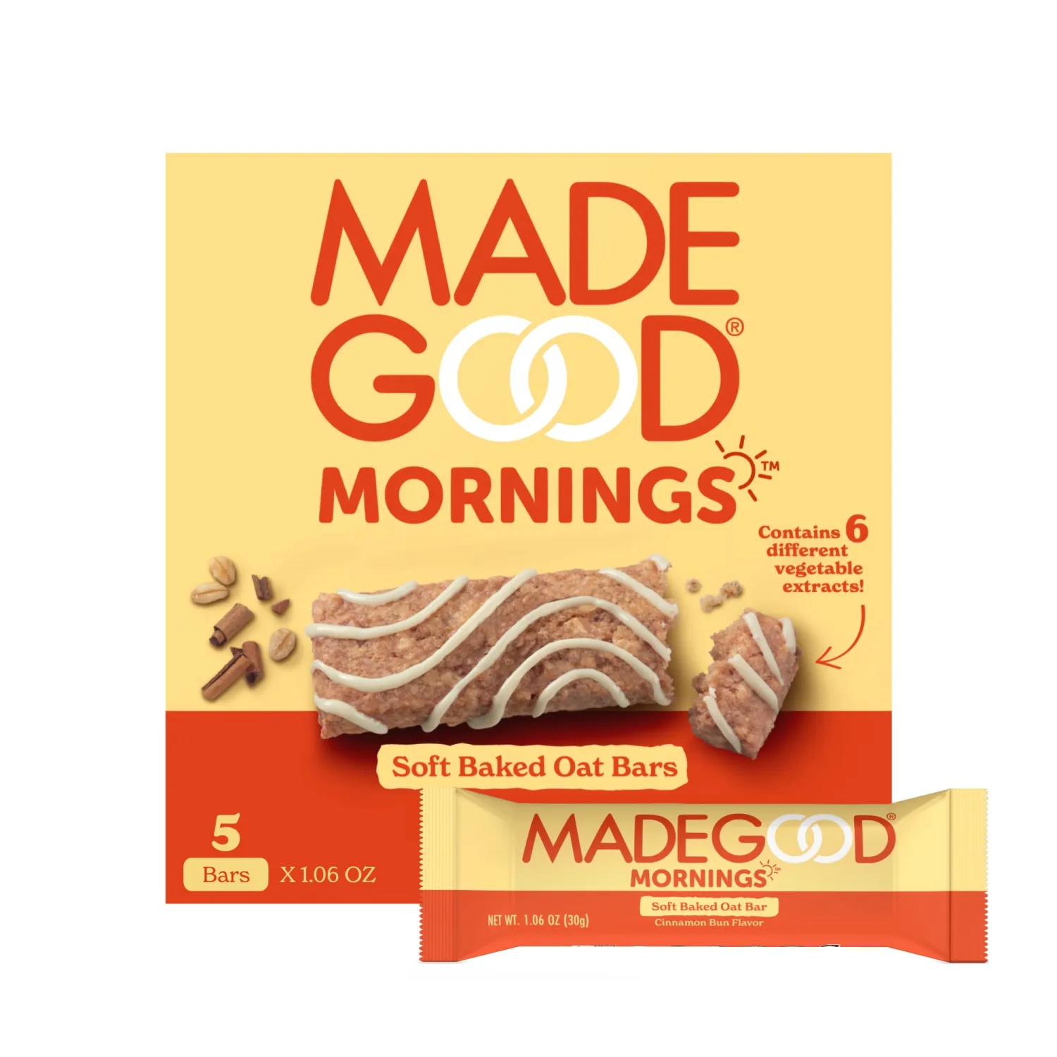 MadeGood Morning Cinnamon Bun Bars, 5ct/5.3 Oz, Organic Snacks