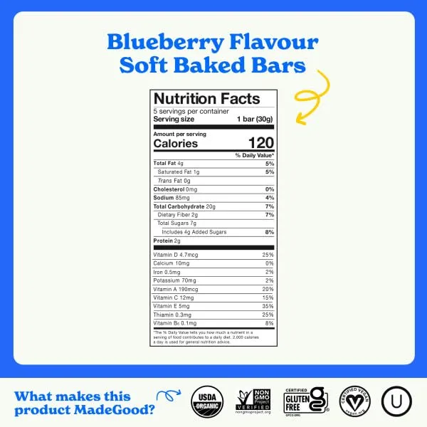 MadeGood Morning Blueberry Bars, 5ct/4.25oz, Organic Snacks