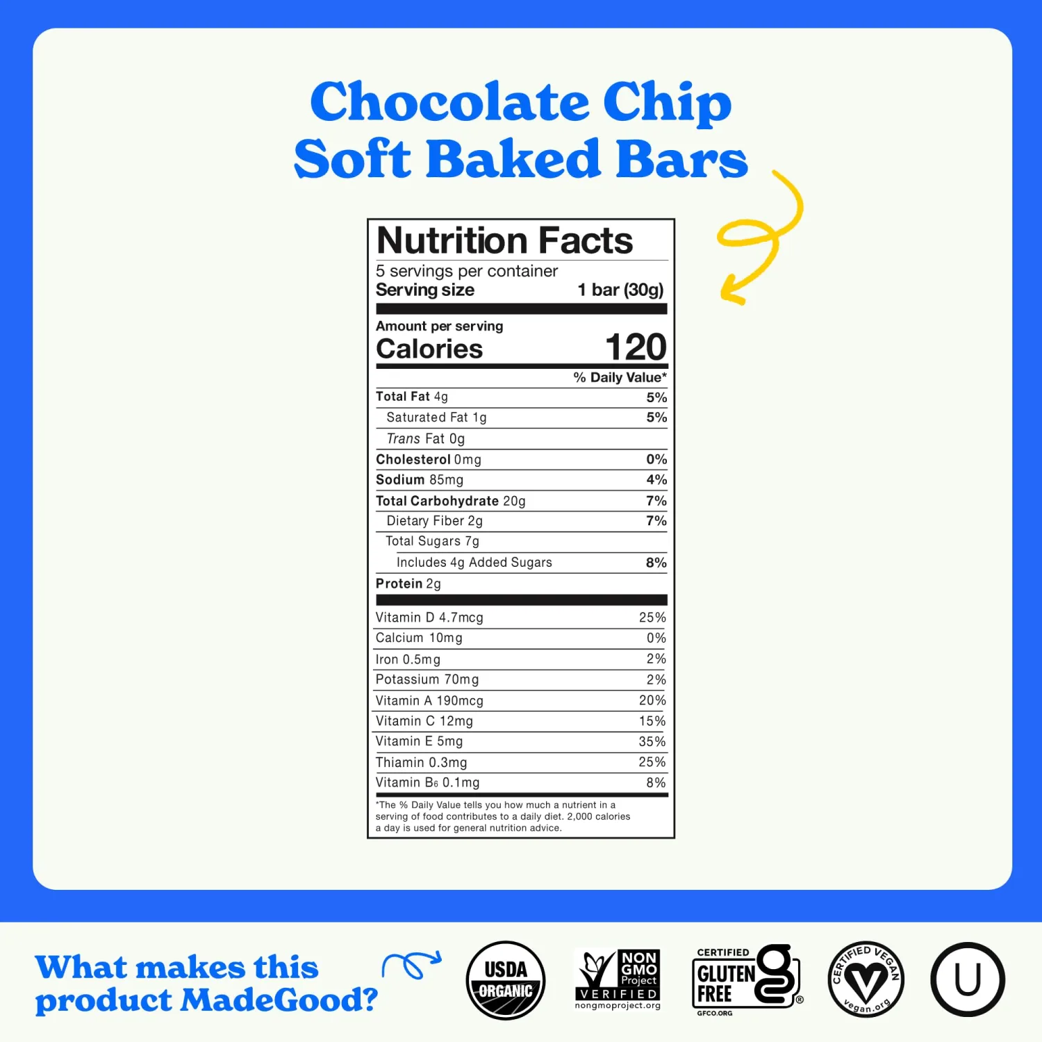 MadeGood Morning Chocolate Chip Bars, 5ct/5.3oz, Organic Snacks