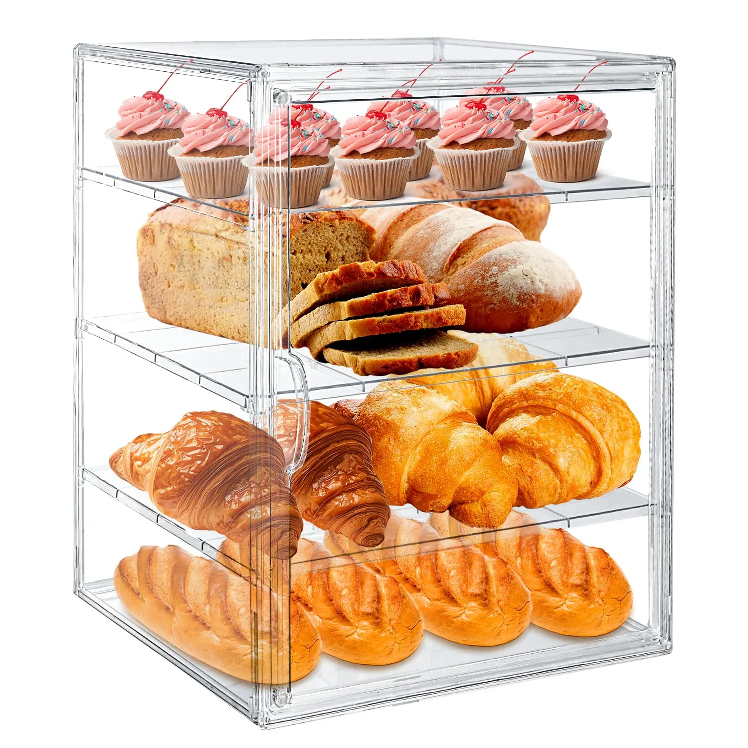 15.5 x 11.4 x 9.8 Inch 4-Tier-Party Display Case, Bakery Display Case Countertop,Adjustable Clear Bread Storage with Magnetic Door Bakery Pastry Display, Cookies and Donuts