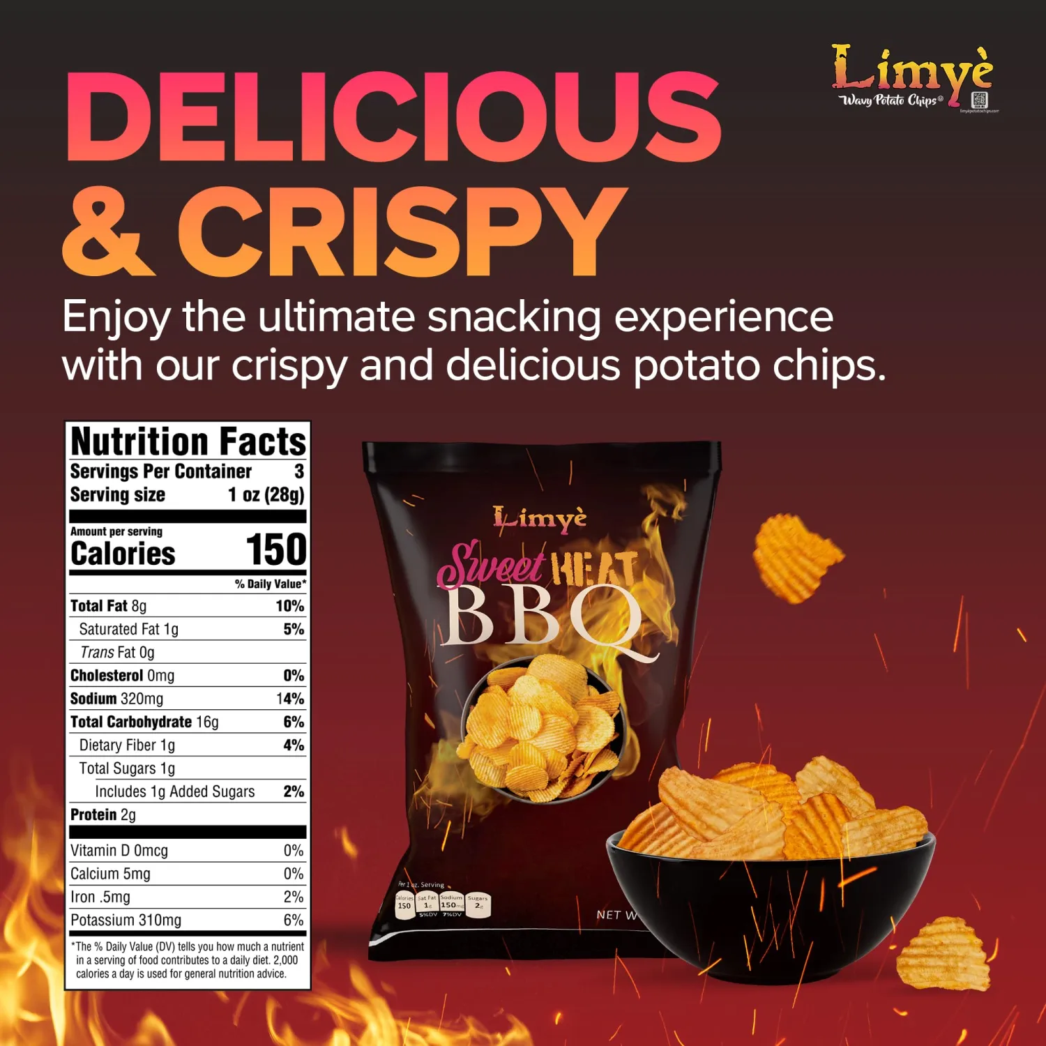 Limye Sweet Heat BBQ Flavored Potato Chips - Certified Kosher & Allergen-Free - Vegan potato chips, Sweet Heat BBQ Flavor(4P)