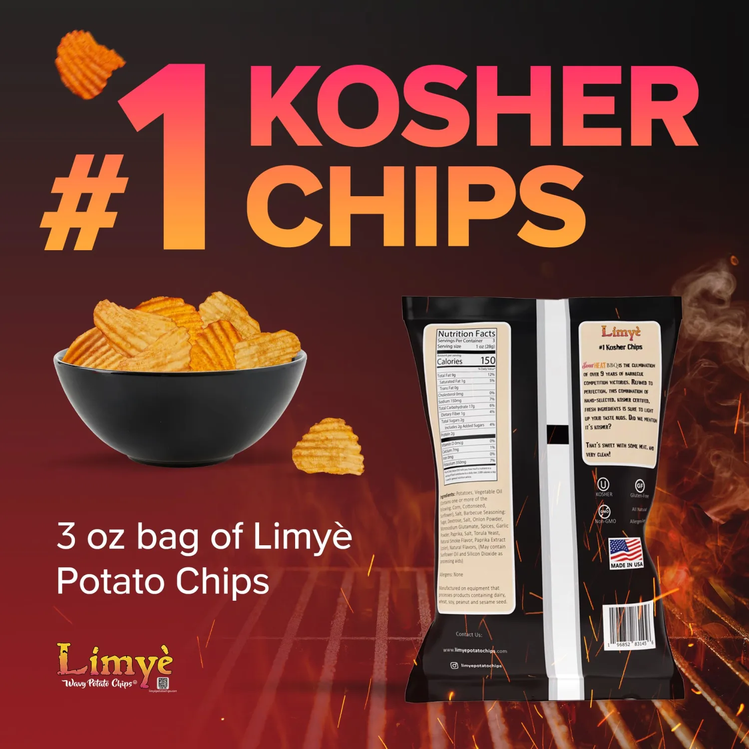 Limye Sweet Heat BBQ Flavored Potato Chips - Certified Kosher & Allergen-Free - Vegan potato chips, Sweet Heat BBQ Flavor(4P)