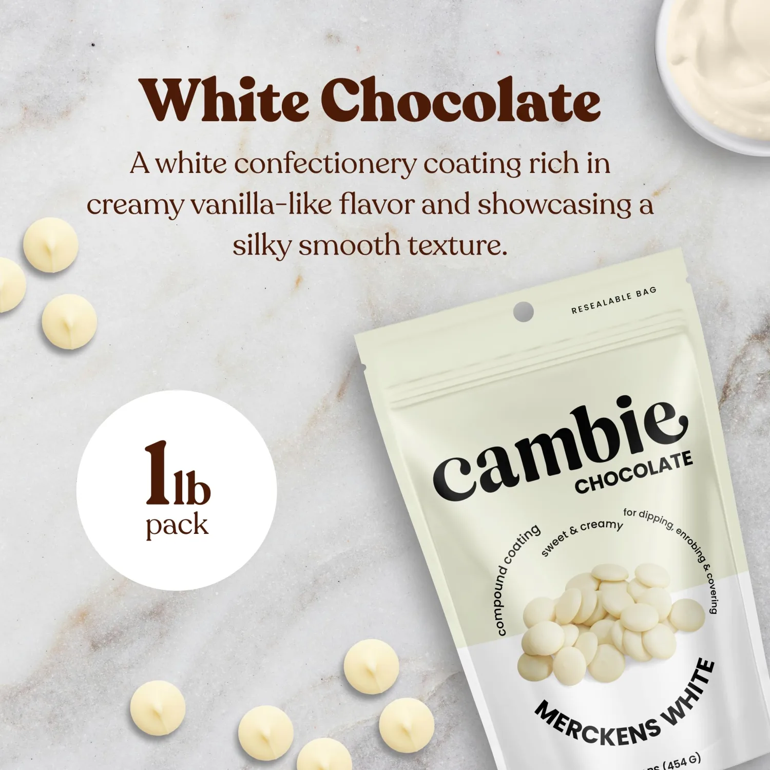 Merckens White Chocolate Melting Wafers by Cambie, White Melting Chocolate, Candy Melts & Baking Chocolate, For Dipping, Covering, Desserts & Baking, 1 lb