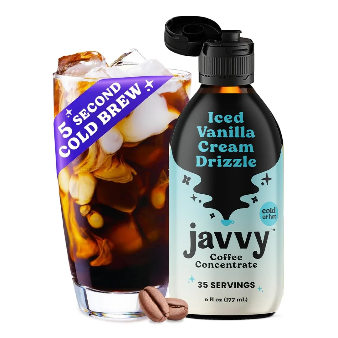 Javvy Coffee Concentrate - Cold Brew Coffee, Perfect for Hot or Iced Instant Coffees, Hot Drinks, Cold Brew Concentrate, 35 Servings - Iced Vanilla Cream Drizzle
