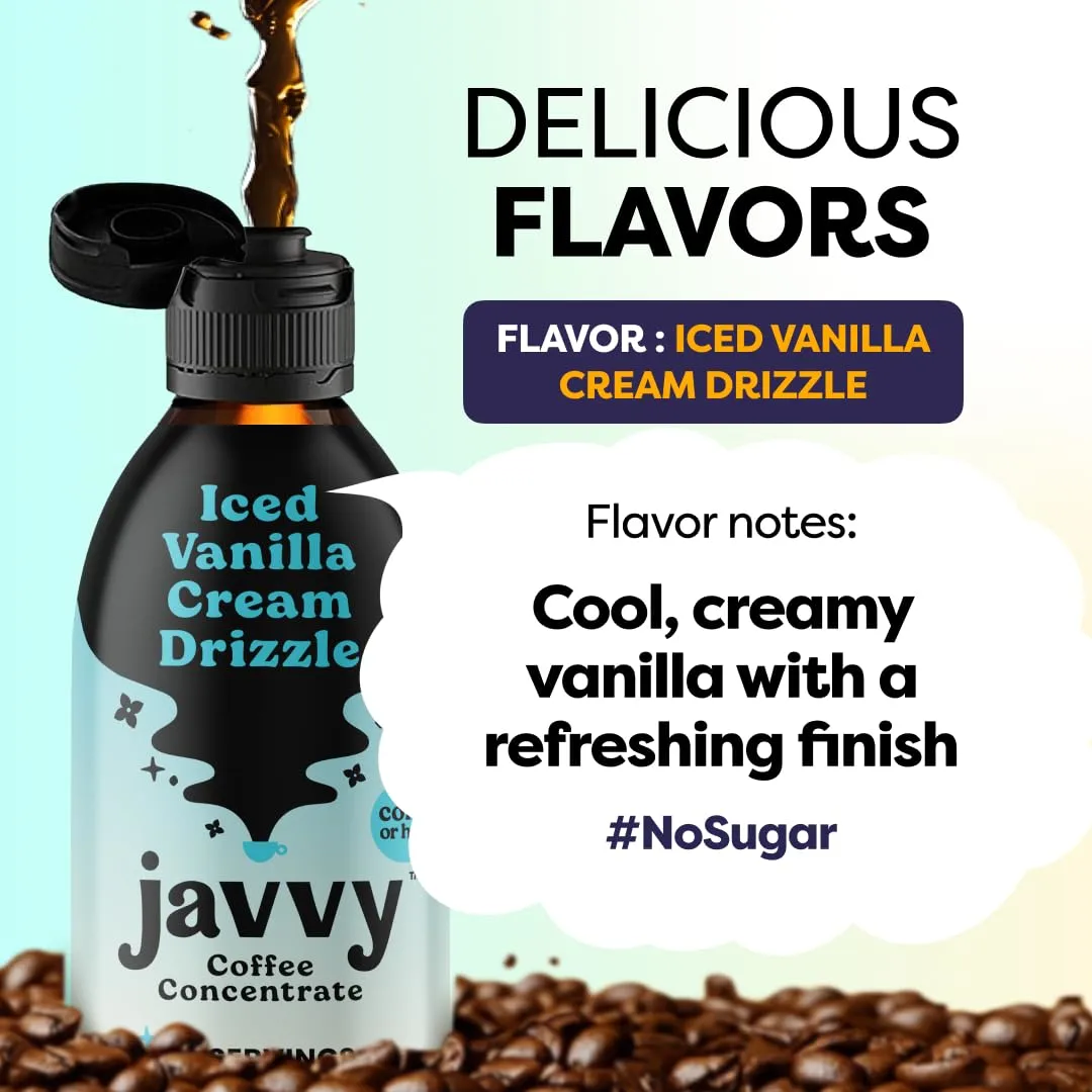 Javvy Coffee Concentrate - Cold Brew Coffee, Perfect for Hot or Iced Instant Coffees, Hot Drinks, Cold Brew Concentrate, 35 Servings - Iced Vanilla Cream Drizzle