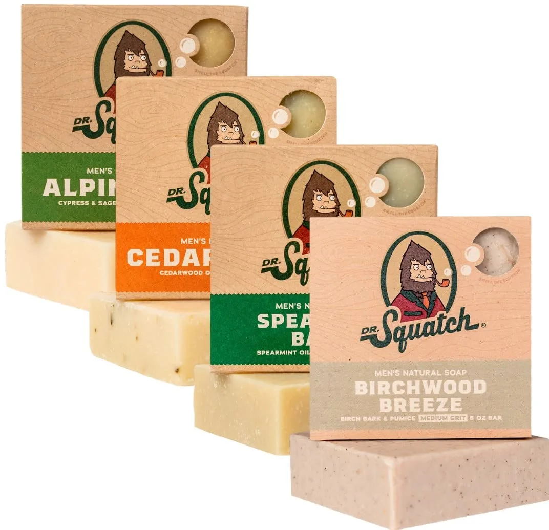Dr. Squatch Natural Bar Soap for Men - Cold Process Soap with No Harsh Chemicals - Spearmint Basil, Birchwood Breeze, Cedar Citrus & Alpine Sage (5 oz, 4-Pack)