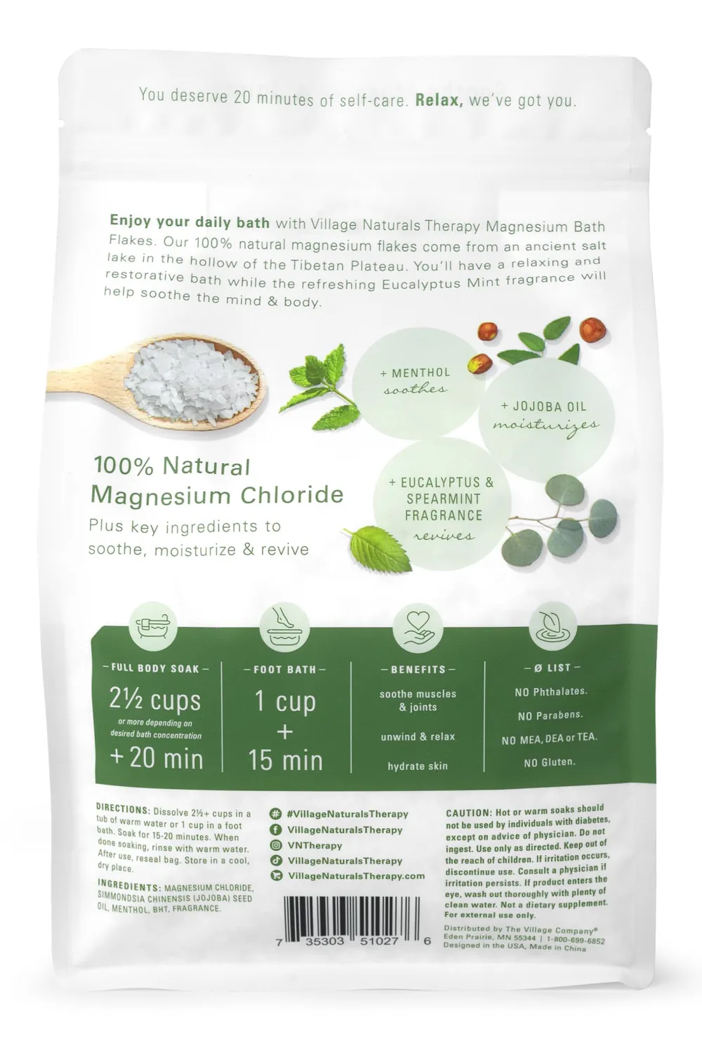 Village Naturals Therapy Muscle Magnesium Bath Flakes, Eucalyptus, Mint & Menthol Scent, 2.5 lbs