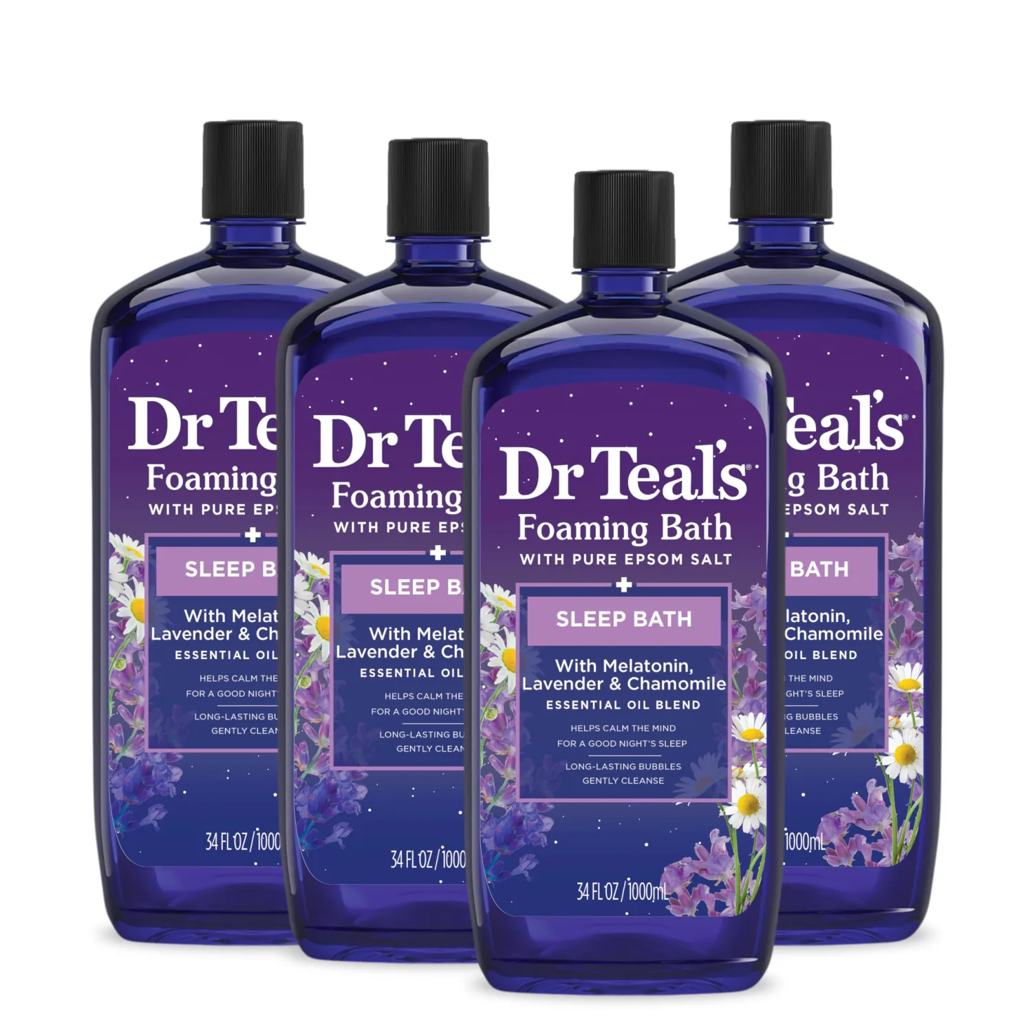 Dr Teal's Foaming Bath with Pure Epsom Salt, Sleep Blend with Melatonin, Lavender & Chamomile Essential Oils, 34 fl oz (Pack of 4)