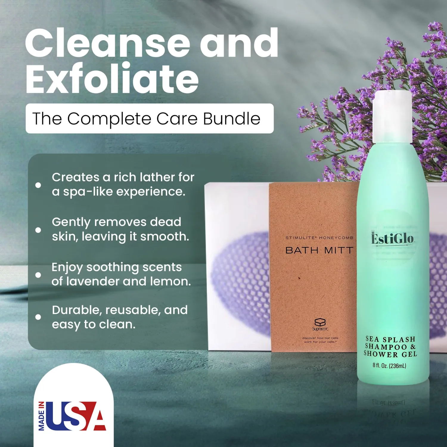 Sea Shampoo Shower Gel 8oz Bundle with Supracor Bath Mitt-Shampoo, Bath Gel & Exfoliating Glove Dead Skin Remover for Body-Exfoliator Glove Honeycomb Face Scrubber Exfoliating Mitt for Body
