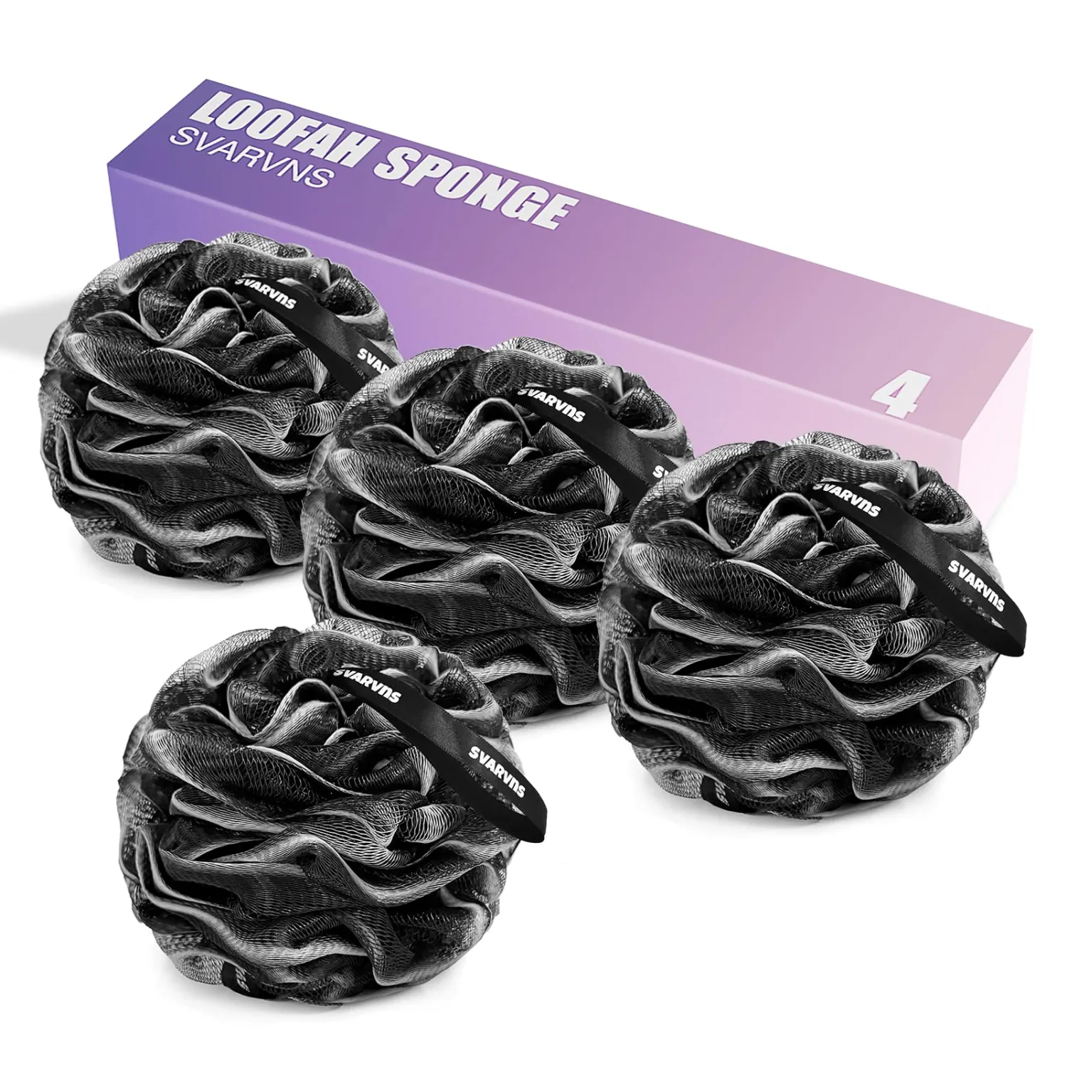 Loofah Sponge, 4 Pack Large Size Loofah 75g/PCS, Bath Shower Loofah for Men, Women, Shower Pouf with Soft Mesh for Exfoliating Body, Black