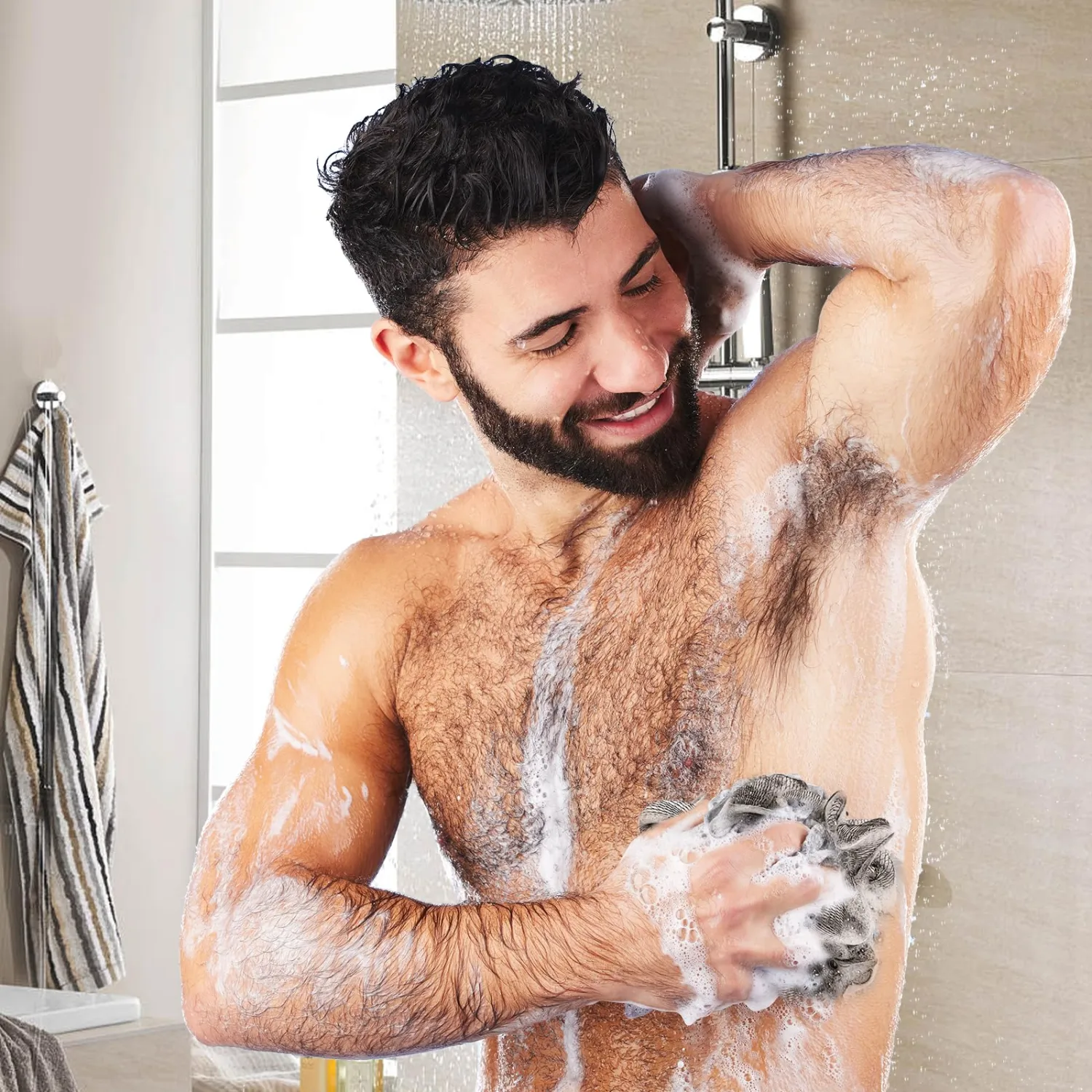 Loofah Sponge, 4 Pack Large Size Loofah 75g/PCS, Bath Shower Loofah for Men, Women, Shower Pouf with Soft Mesh for Exfoliating Body, Black