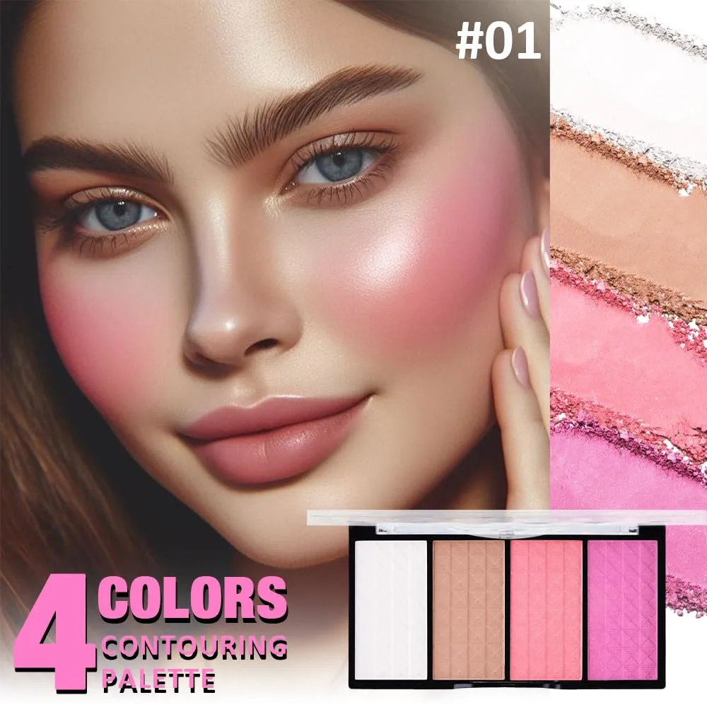 4-Color Contour Makeup Palette, Blush Highlighter Bronzer Powder Kit, Face Cosmetics Gift Set (01#, 1 Count (Pack of 1))