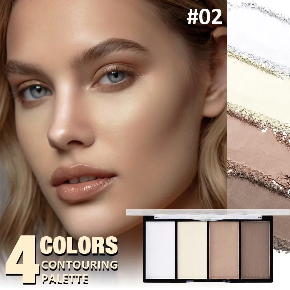 4-Color Contour Makeup Palette, Blush Highlighter Bronzer Powder Kit, Face Cosmetics Gift Set (02#, 1 Count (Pack of 1))
