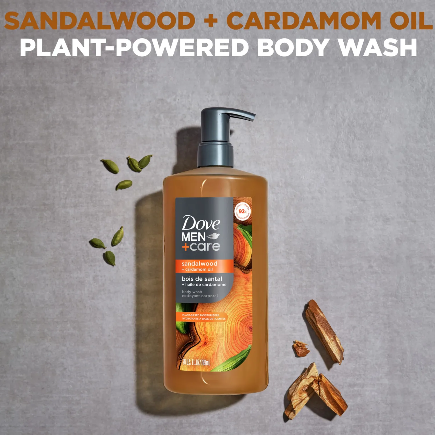 DOVE MEN + CARE Body Wash Sandalwood + Cardamom Oil to Rebuild Skin in the Shower with Plant-Based Cleansers and Moisturizers 26 oz