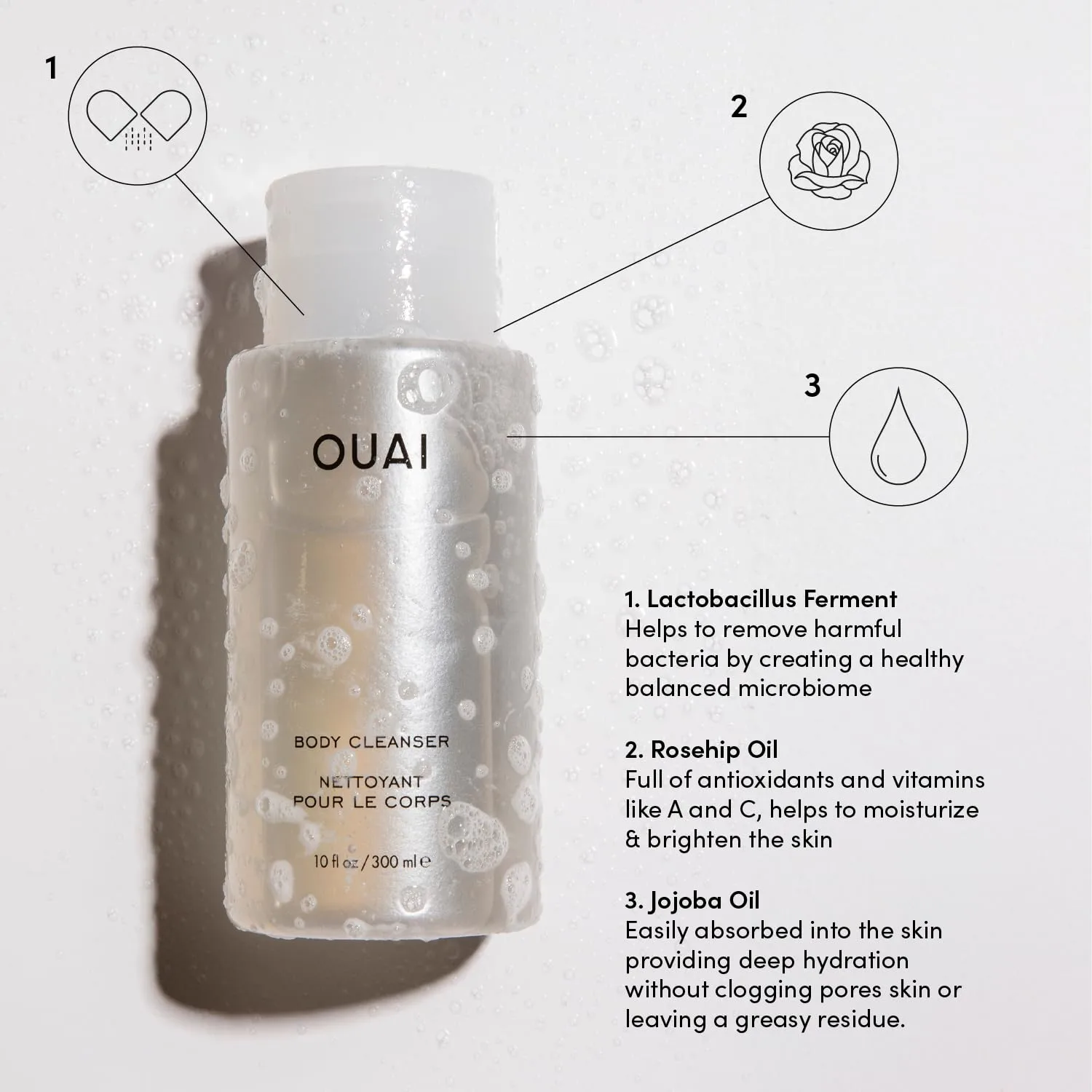 OUAI Body Cleanser, Dean Street - Foaming Body Wash with Jojoba Oil and Rosehip Oil to Hydrate, Nurture, Balance and Soften Skin - Paraben, Phthalate and Sulfate Free Skin Care Products (10 Fl Oz)