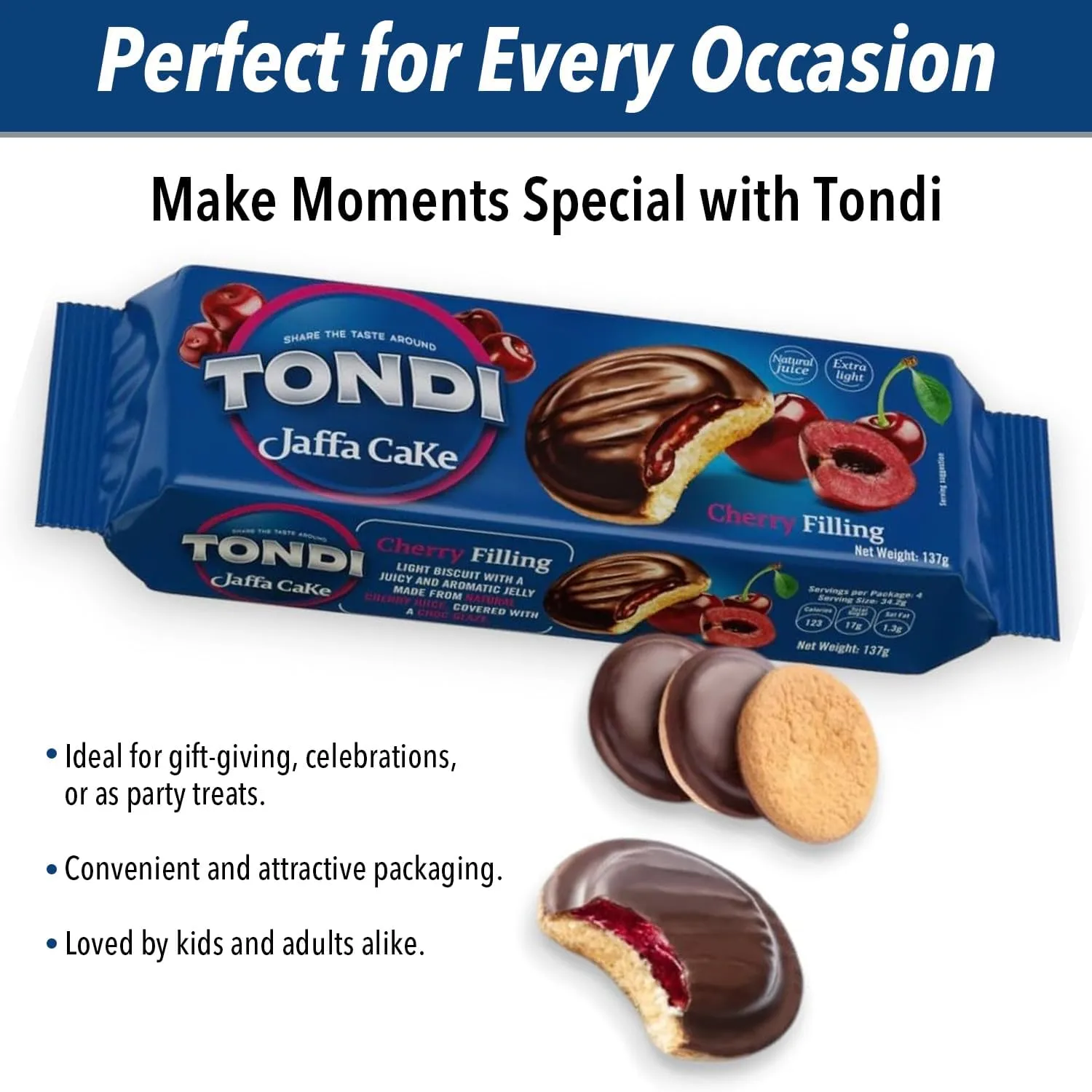 Tondi Variety Pack European Biscuits, Jaffa Cakes Cherry Filling Pack of 3 137g/each