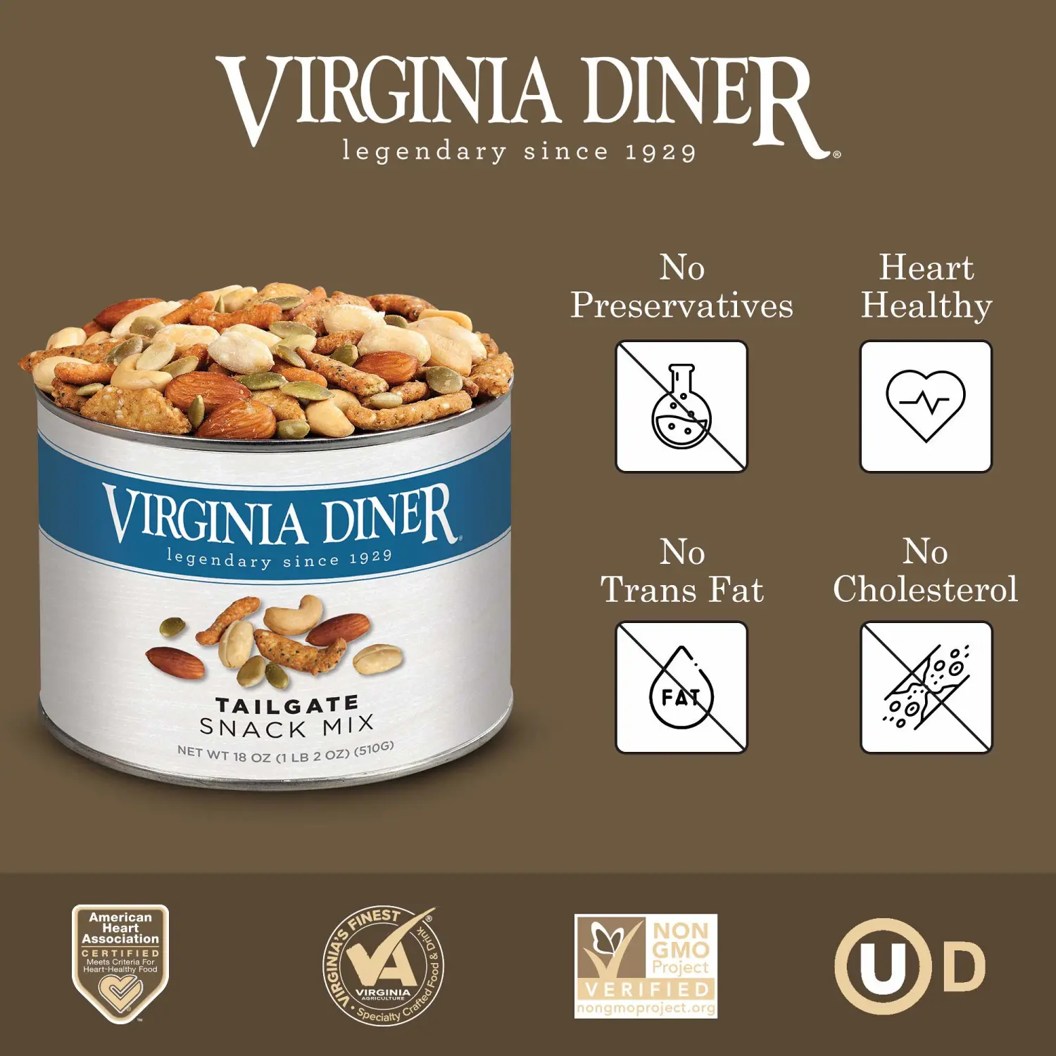 Virginia Diner Tailgate Snack Mix - Gourmet Snack Mix with Cashews, Sesame Sticks, Pepitas & Almonds - Virginia Peanuts Gift Pack Snacks for Adults - 18 Oz Tin